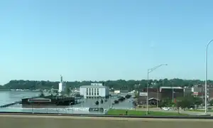 The Burlington, Iowa waterfront flooded after temporary barriers failed, June 2019.