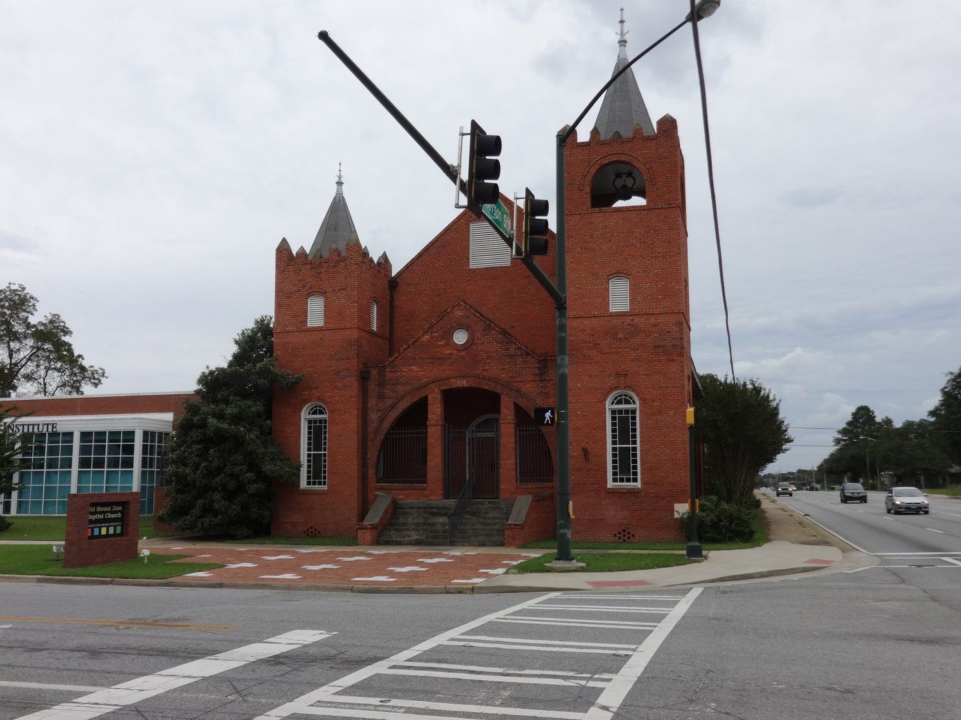 Old Mt. Zion Baptist Church in Albany, Georgia — the brick sanctuary where the Albany Movement's mass meetings were held and where Pastor Daniel Simmons ministers today.