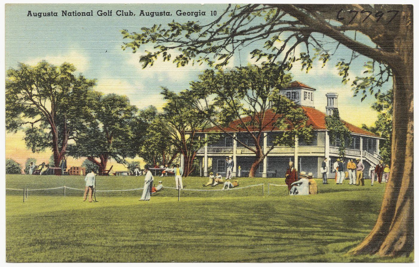 Vintage color postcard of Augusta National Golf Club, circa 1930-1945, showing the clubhouse and surrounding fairways.