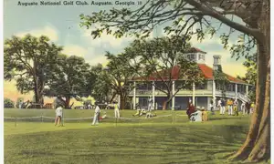 Vintage color postcard of Augusta National Golf Club, circa 1930-1945, showing the clubhouse and surrounding fairways.