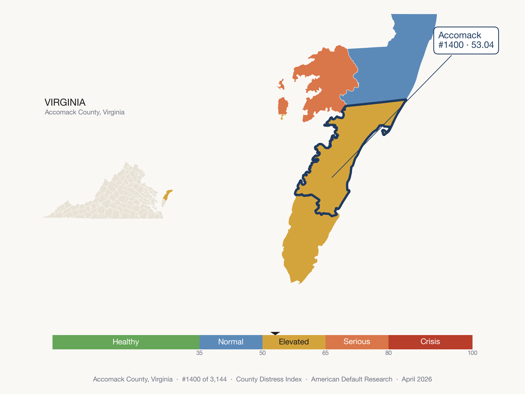 County Distress Index cluster map. Accomack County, Virginia and its neighbors colored by distress zone.