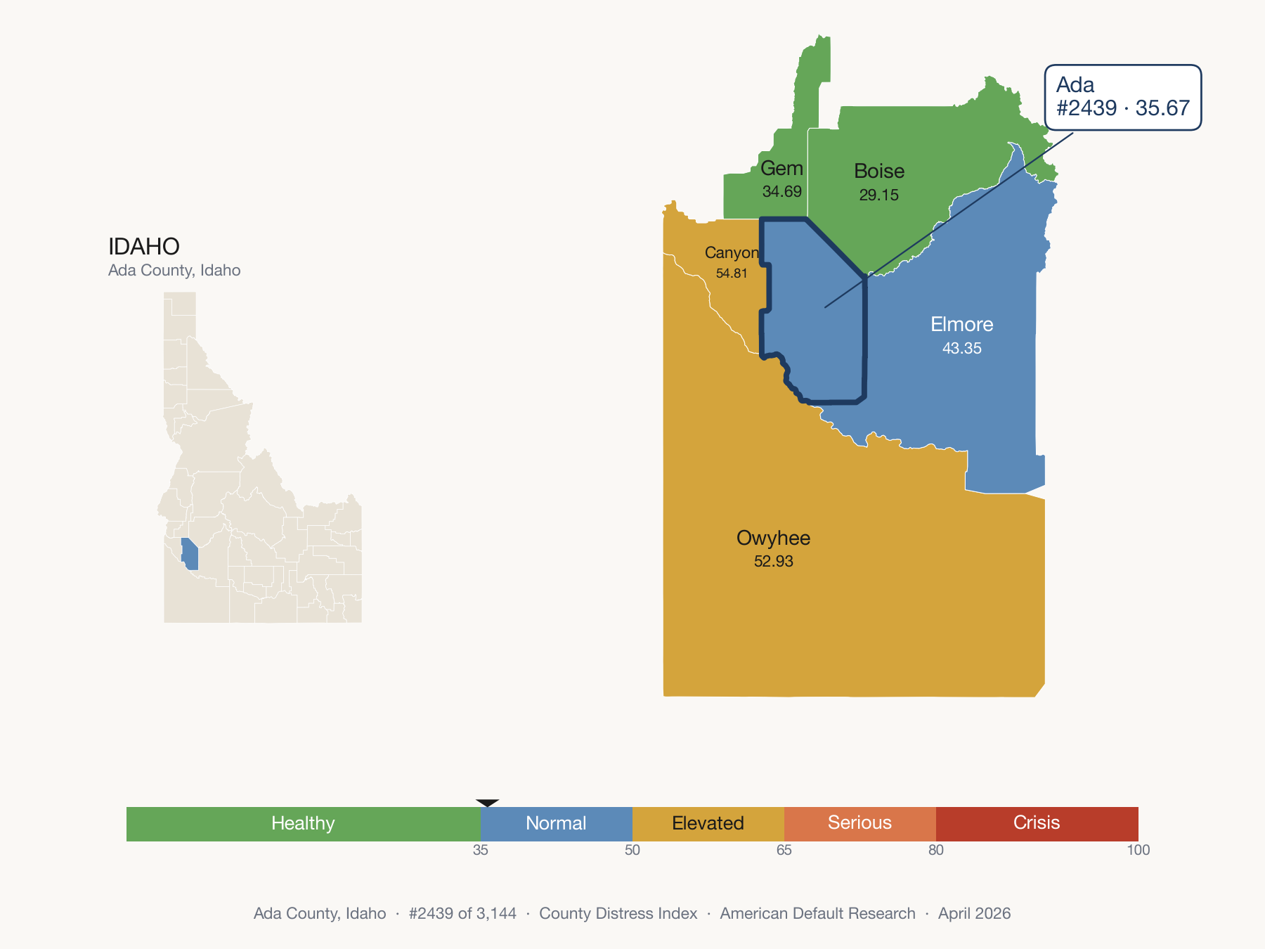 County Distress Index cluster map. Ada County, Idaho and its neighbors colored by distress zone.
