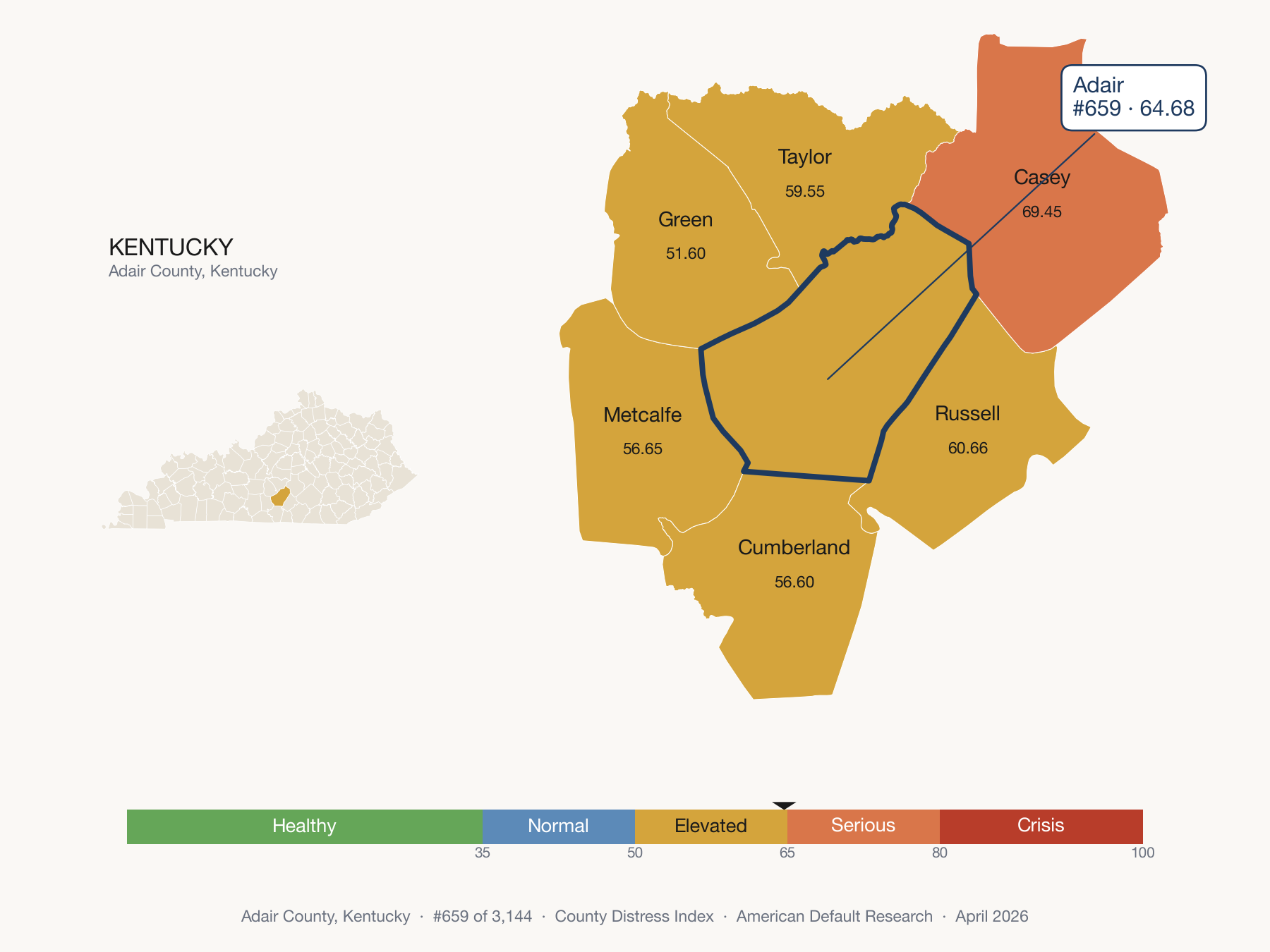 County Distress Index cluster map. Adair County, Kentucky and its neighbors colored by distress fifth.
