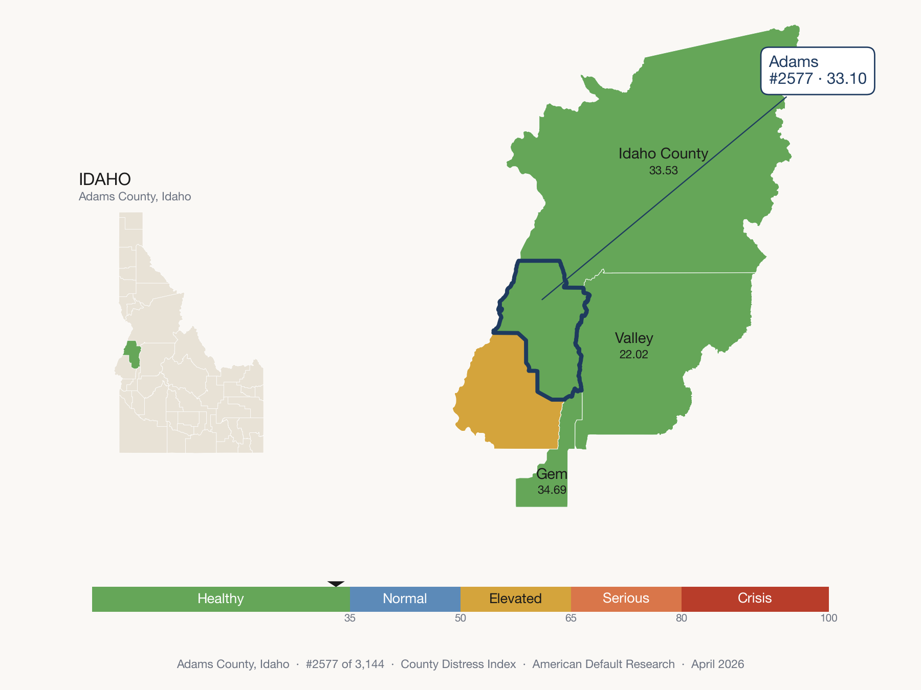 County Distress Index cluster map. Adams County, Idaho and its neighbors colored by distress zone.