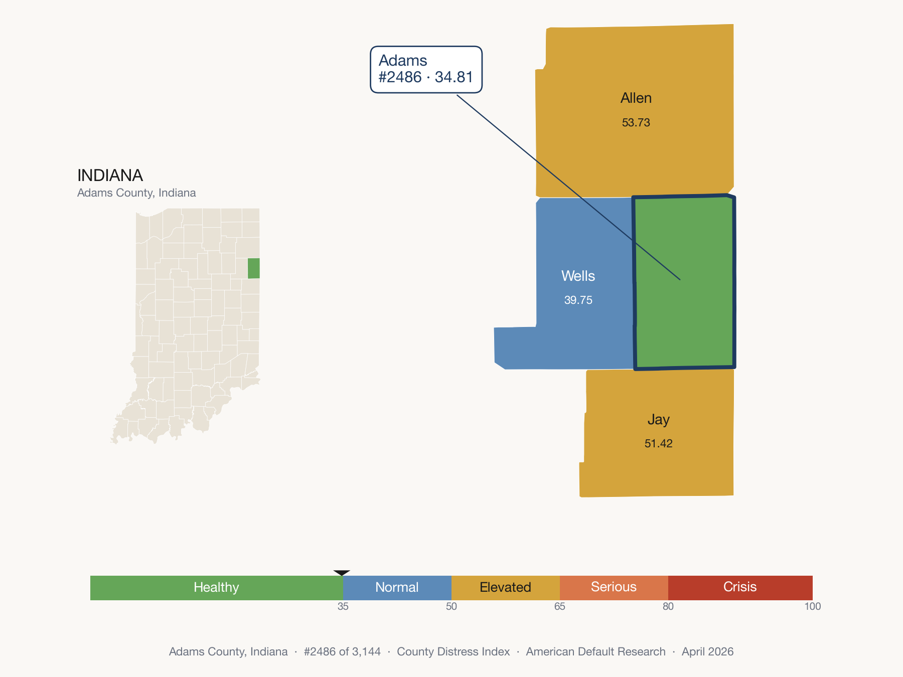 County Distress Index cluster map. Adams County, Indiana and its neighbors colored by distress zone.