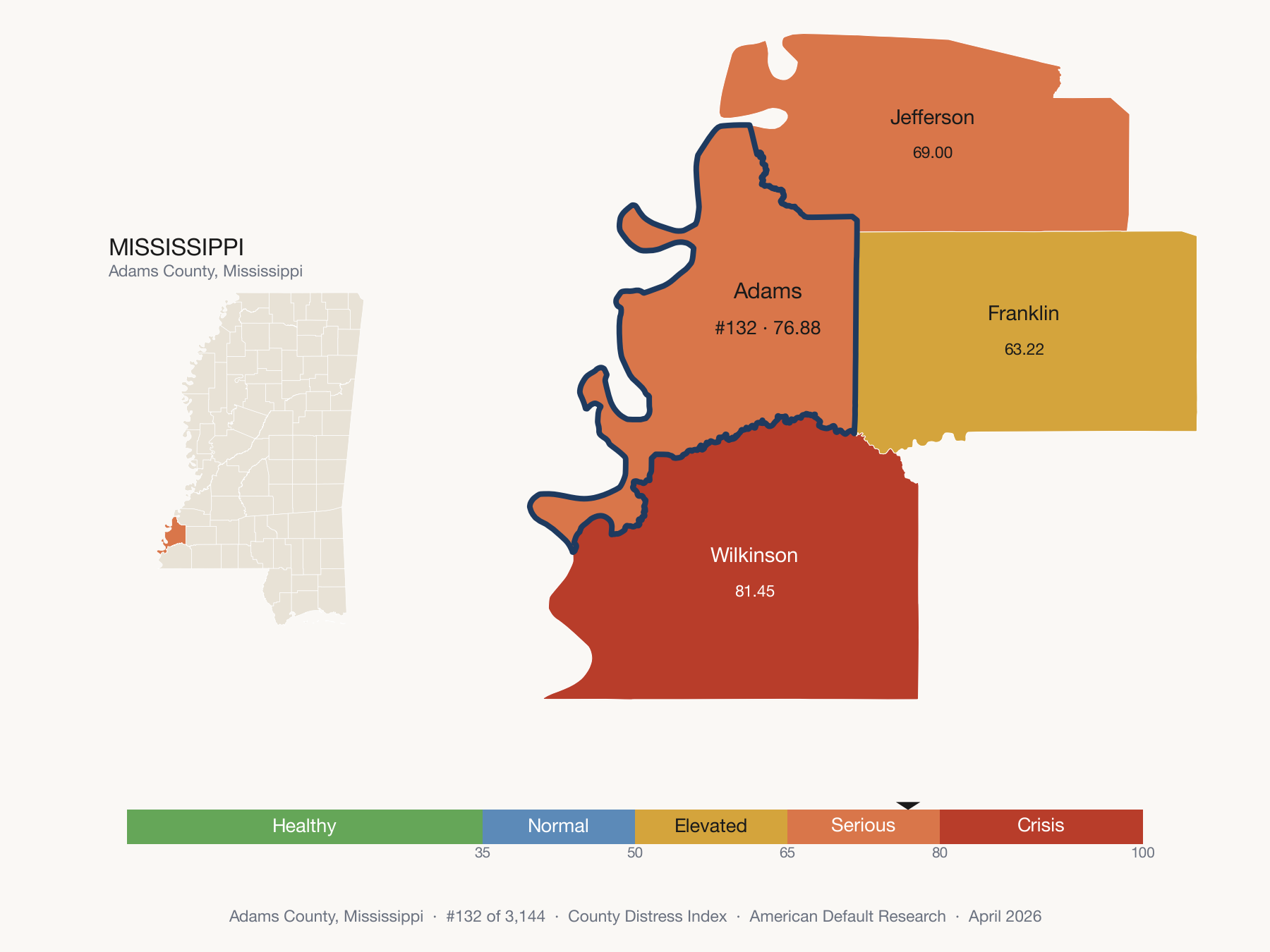 County Distress Index cluster map. Adams County, Mississippi and its neighbors colored by distress fifth.
