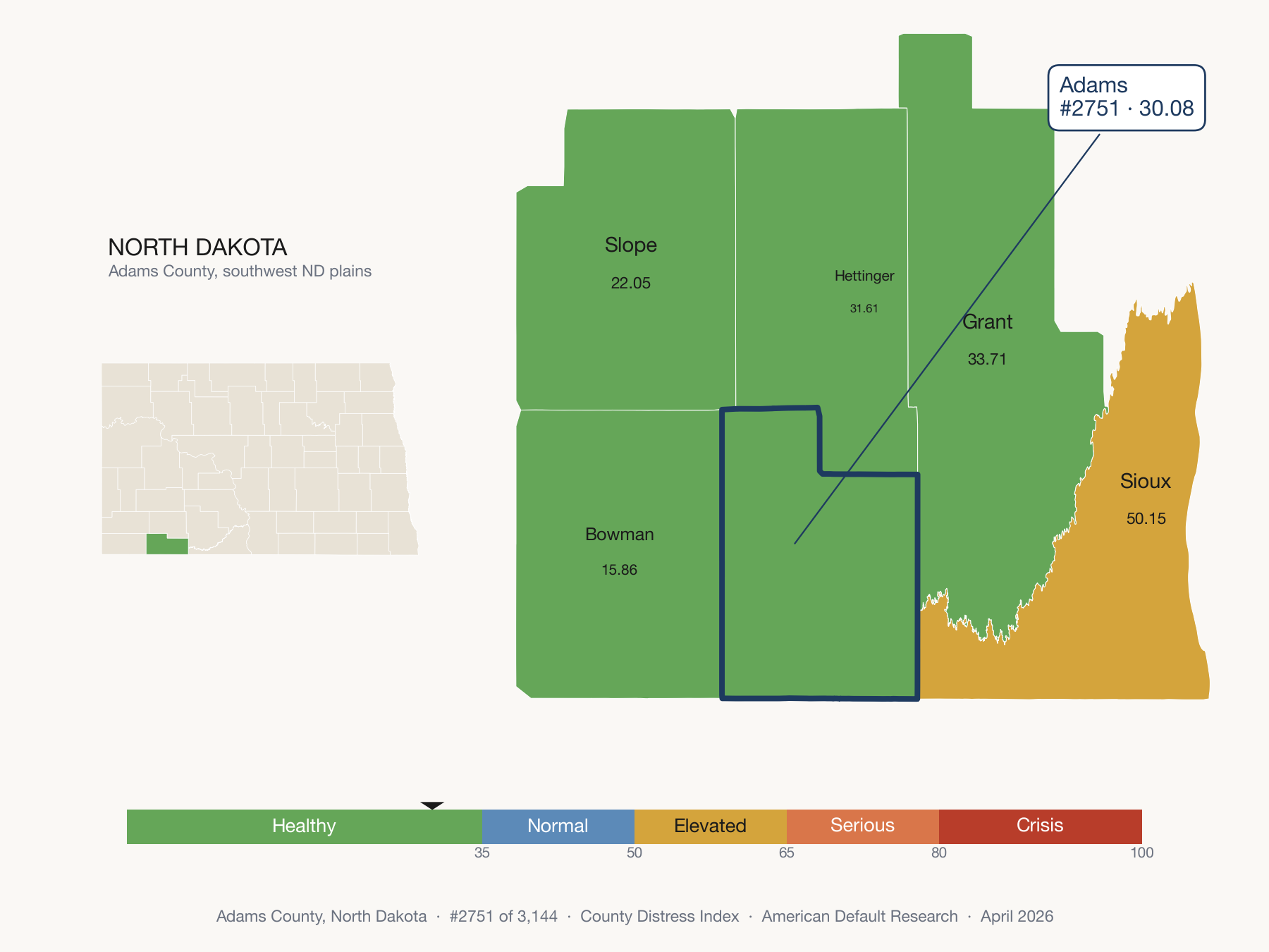 County Distress Index cluster map. Adams County, North Dakota and its neighbors colored by distress fifth.