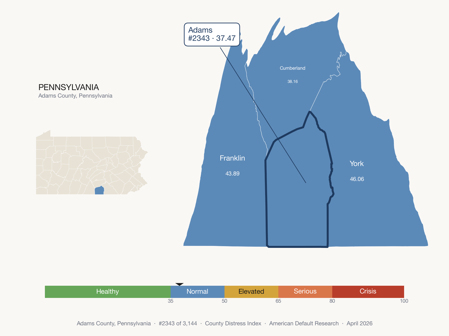 County Distress Index cluster map. Adams County, Pennsylvania and its neighbors colored by distress fifth.