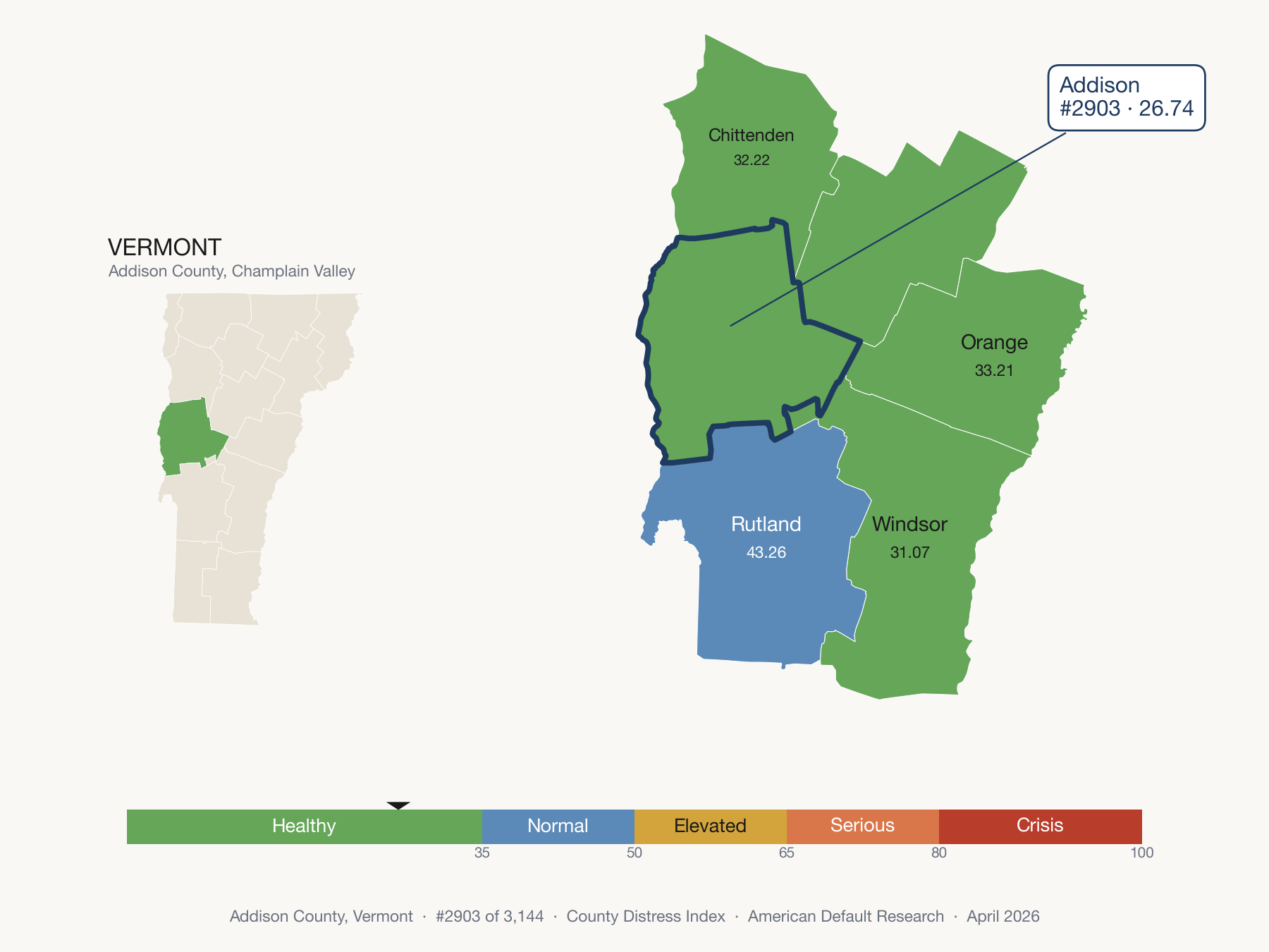 County Distress Index cluster map. Addison County, Vermont and its neighbors colored by distress zone.