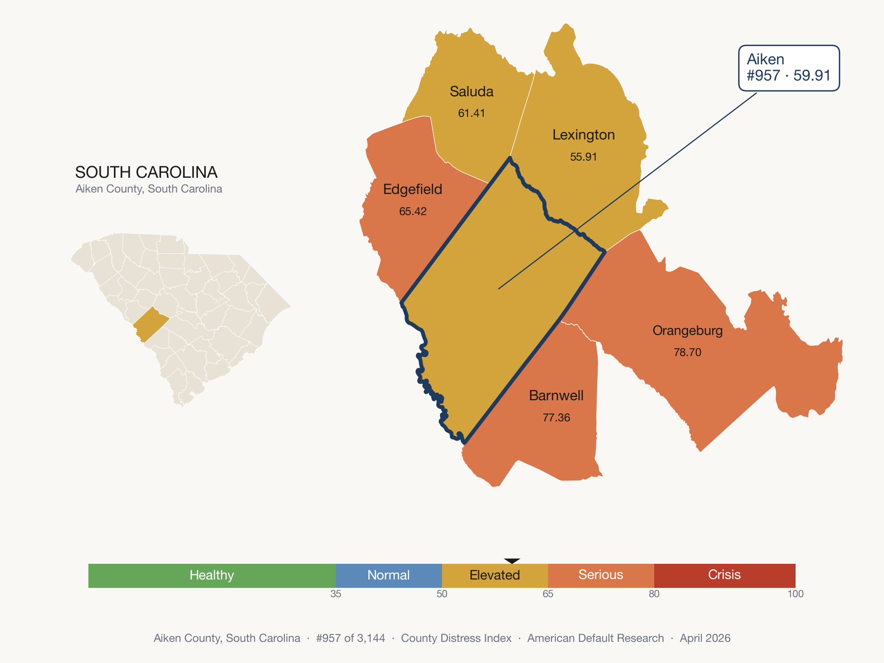 County Distress Index cluster map. Aiken County, South Carolina and its neighbors colored by distress fifth.