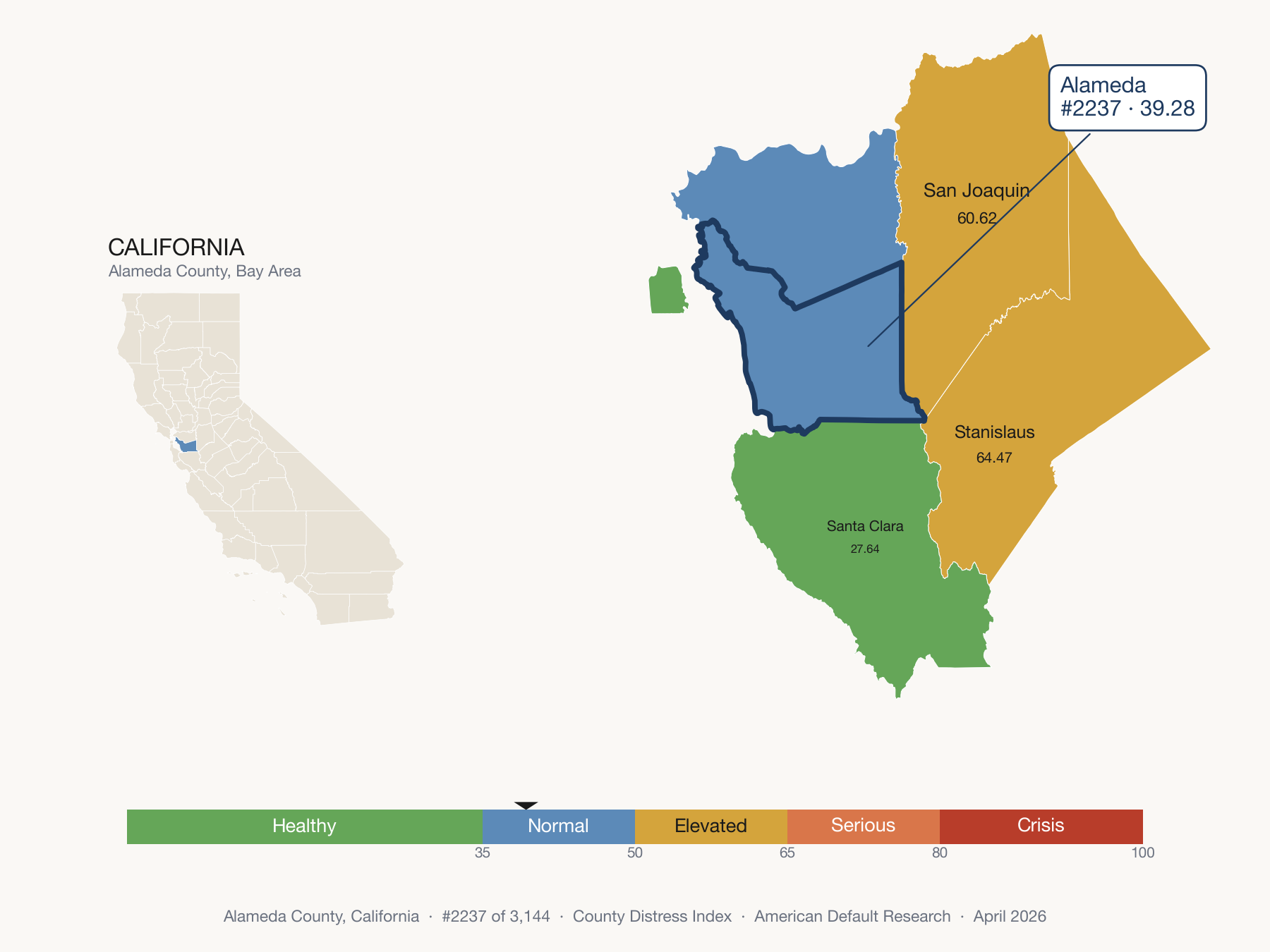 County Distress Index cluster map. Alameda County, California and its neighbors colored by distress zone.