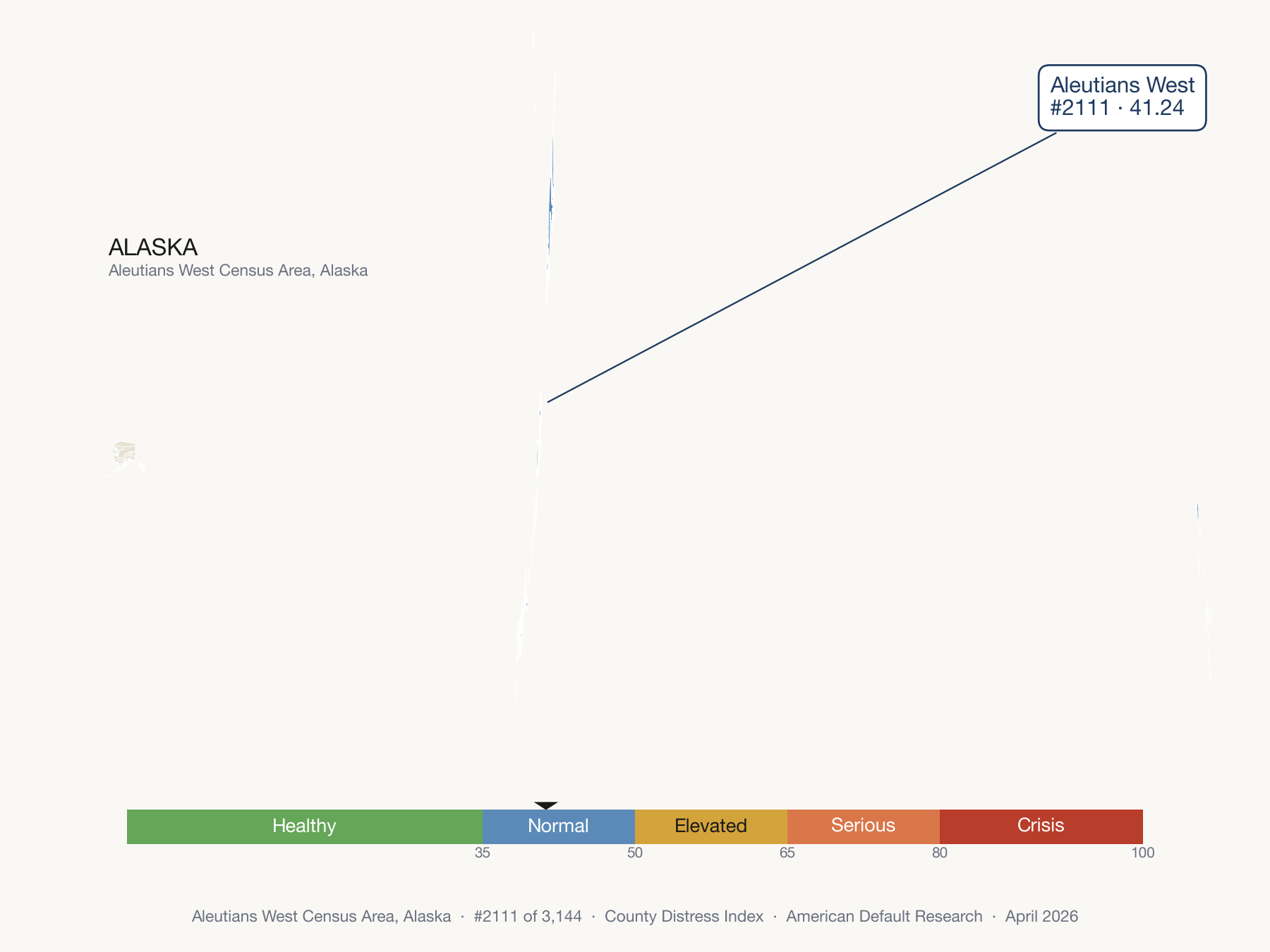 County Distress Index cluster map. Aleutians West Census Area, Alaska and its neighbors colored by distress fifth.