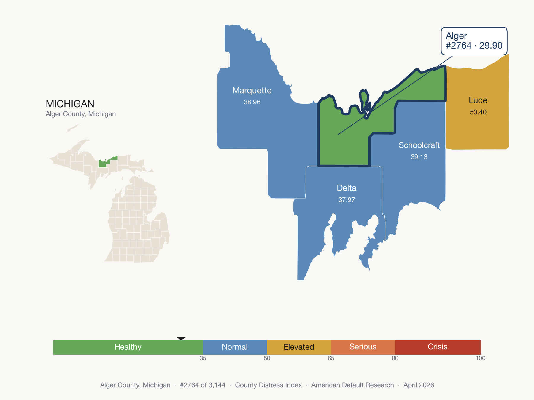 County Distress Index cluster map. Alger County, Michigan and its neighbors colored by distress fifth.
