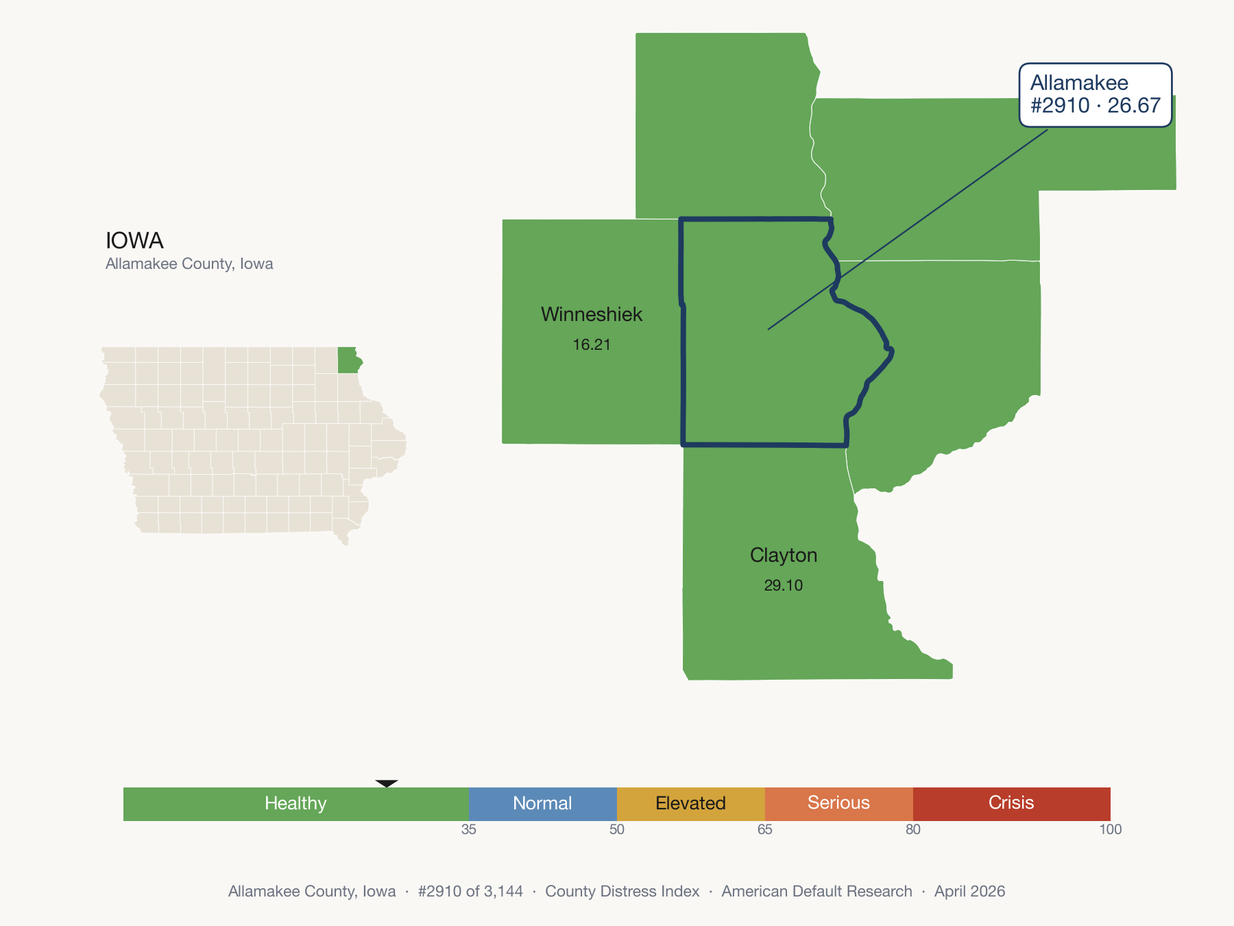 County Distress Index cluster map. Allamakee County, Iowa and its neighbors colored by distress zone.