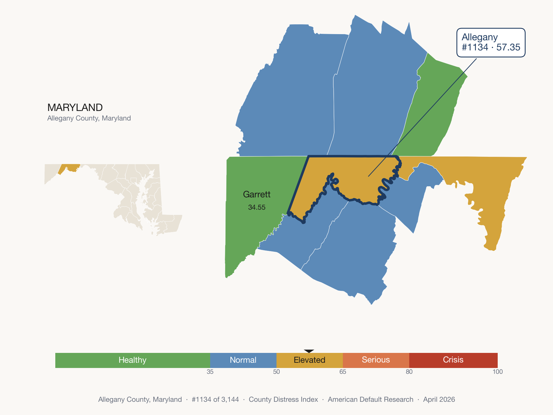 County Distress Index cluster map. Allegany County, Maryland and its neighbors colored by distress fifth.