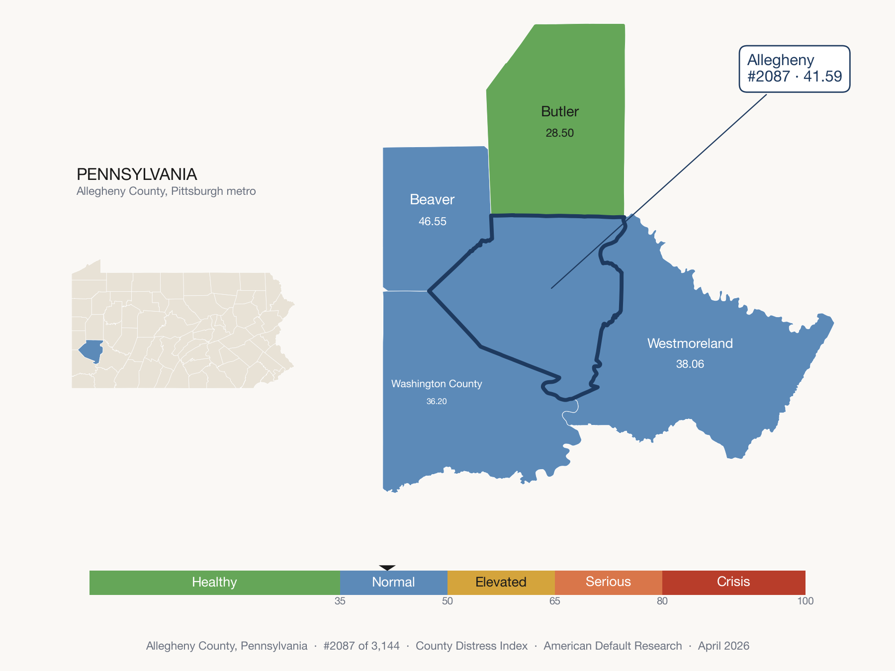 County Distress Index cluster map. Allegheny County, Pennsylvania and its neighbors colored by distress zone.