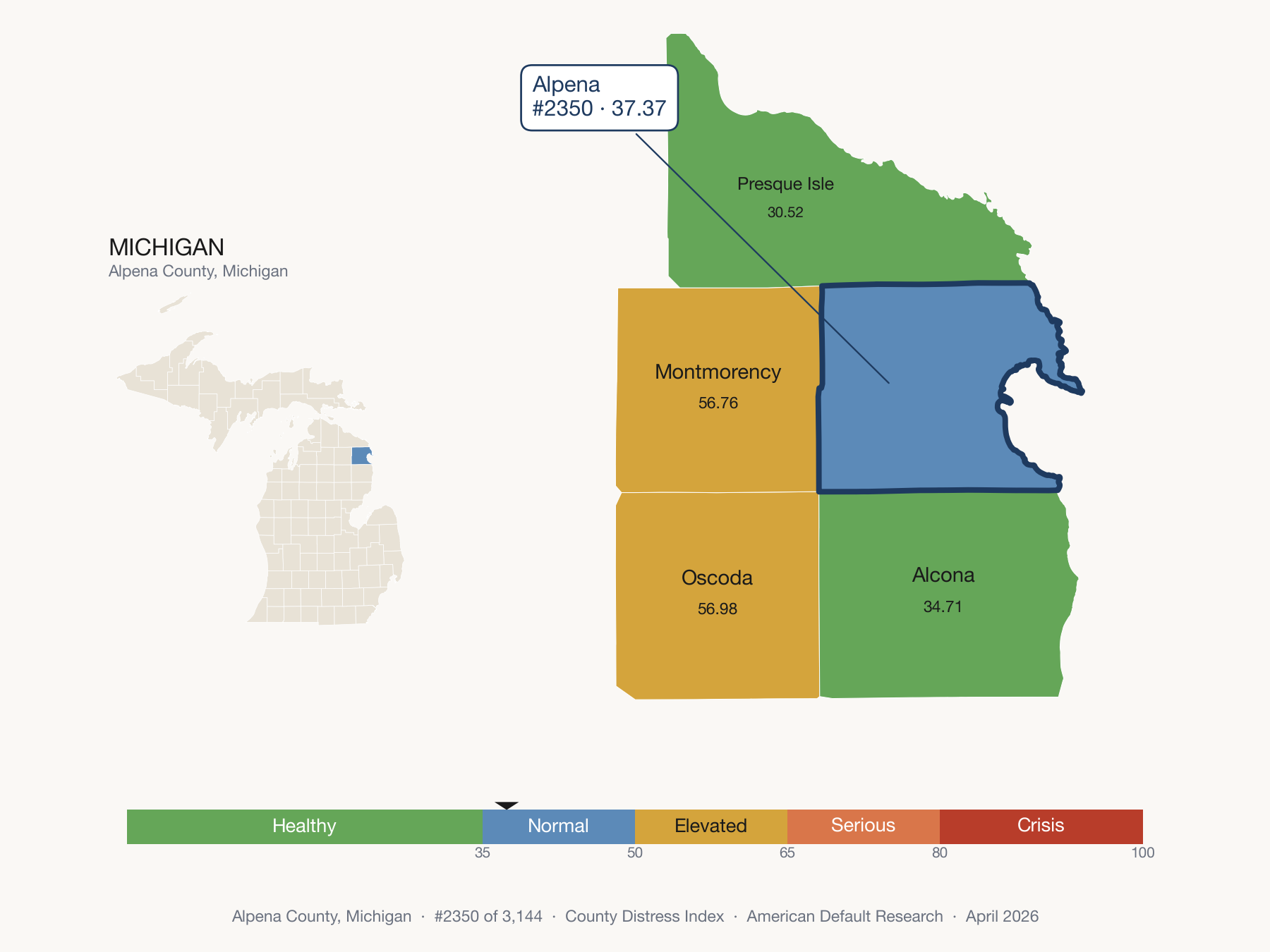 County Distress Index cluster map. Alpena County, Michigan and its neighbors colored by distress fifth.
