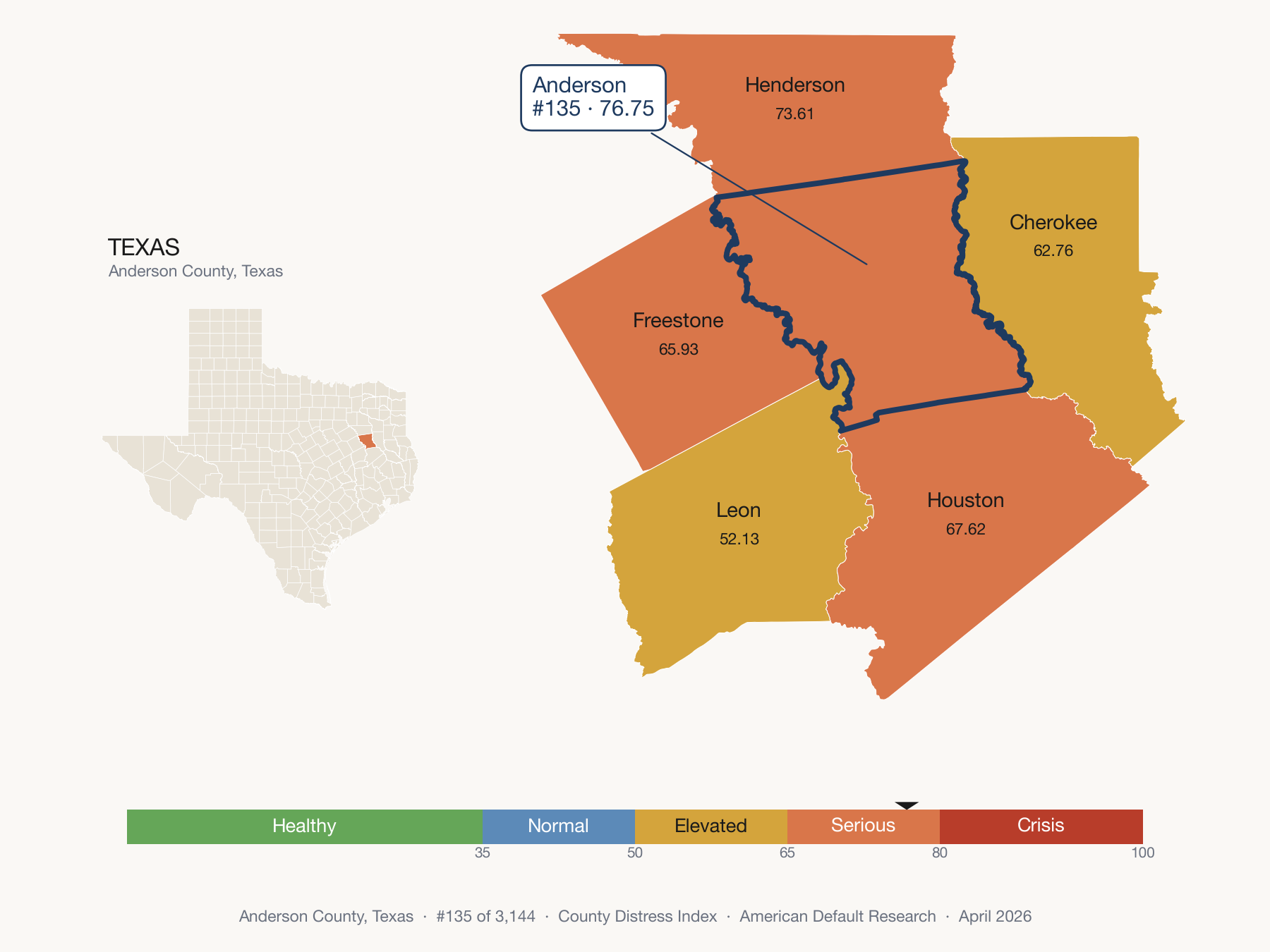 County Distress Index cluster map. Anderson County, Texas and its neighbors colored by distress fifth.