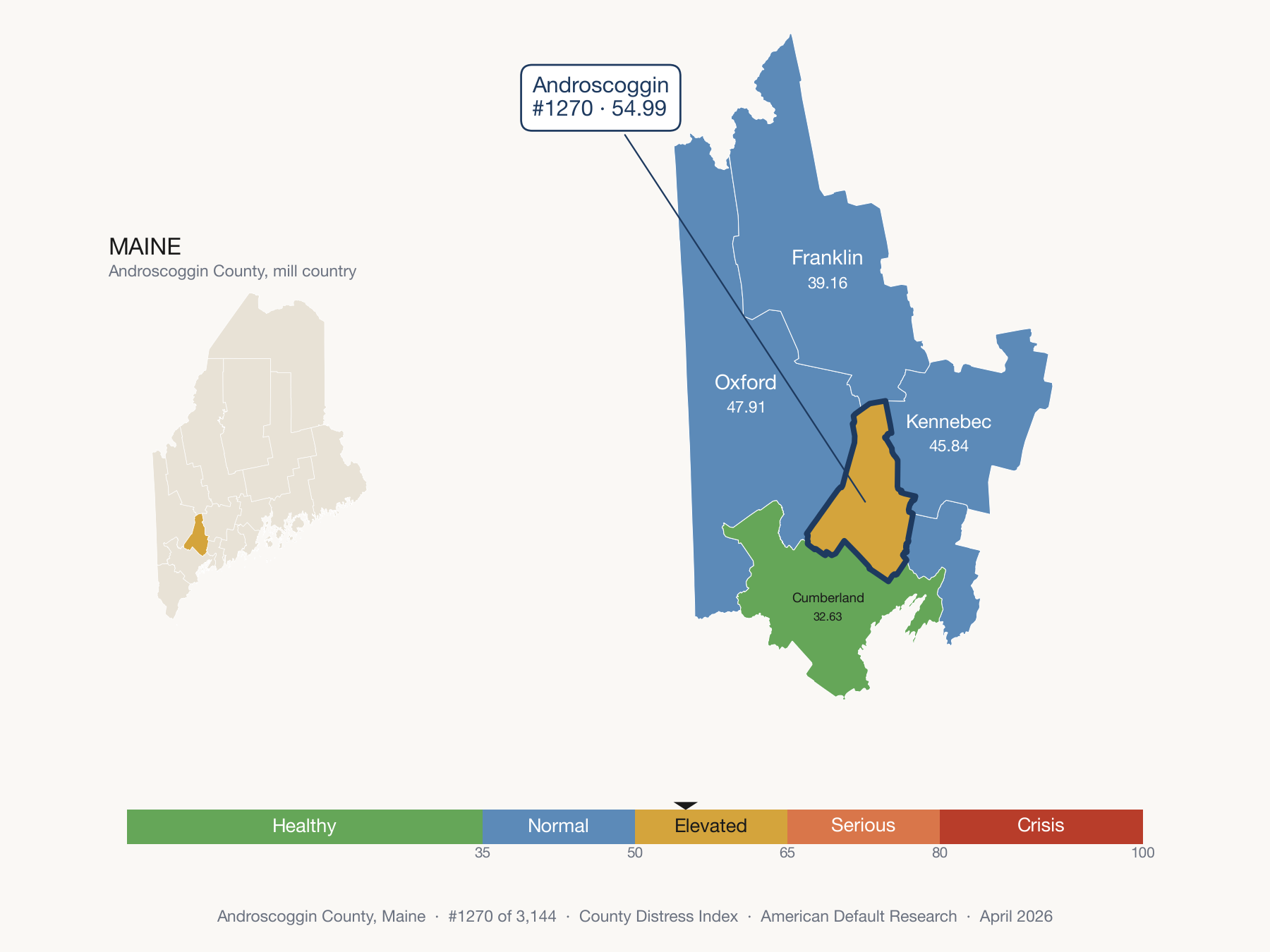 County Distress Index cluster map. Androscoggin County, Maine and its neighbors colored by distress zone.