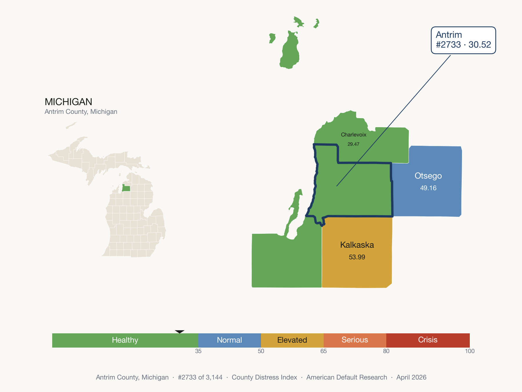 County Distress Index cluster map. Antrim County, Michigan and its neighbors colored by distress fifth.