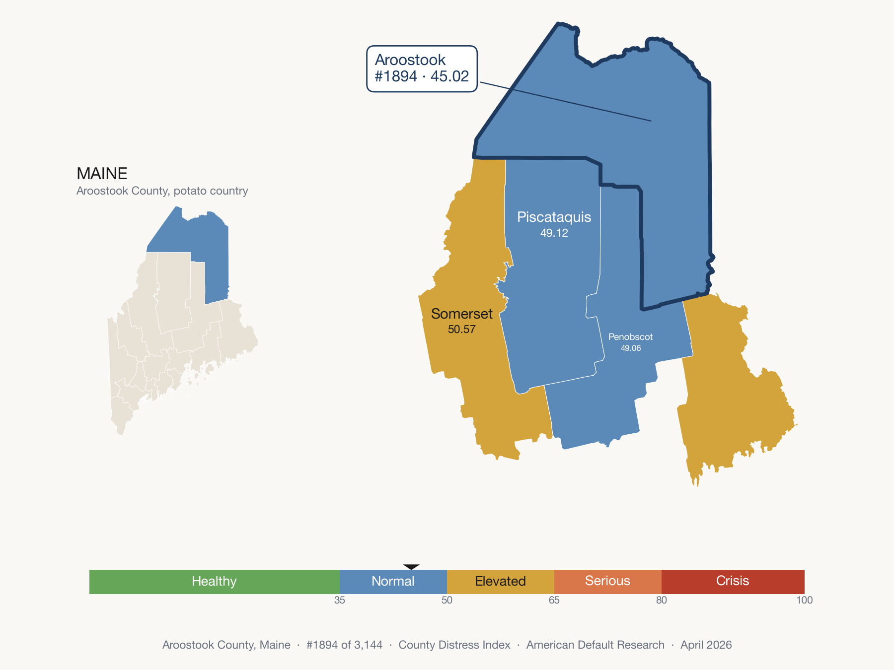 County Distress Index cluster map. Aroostook County, Maine and its neighbors colored by distress fifth.