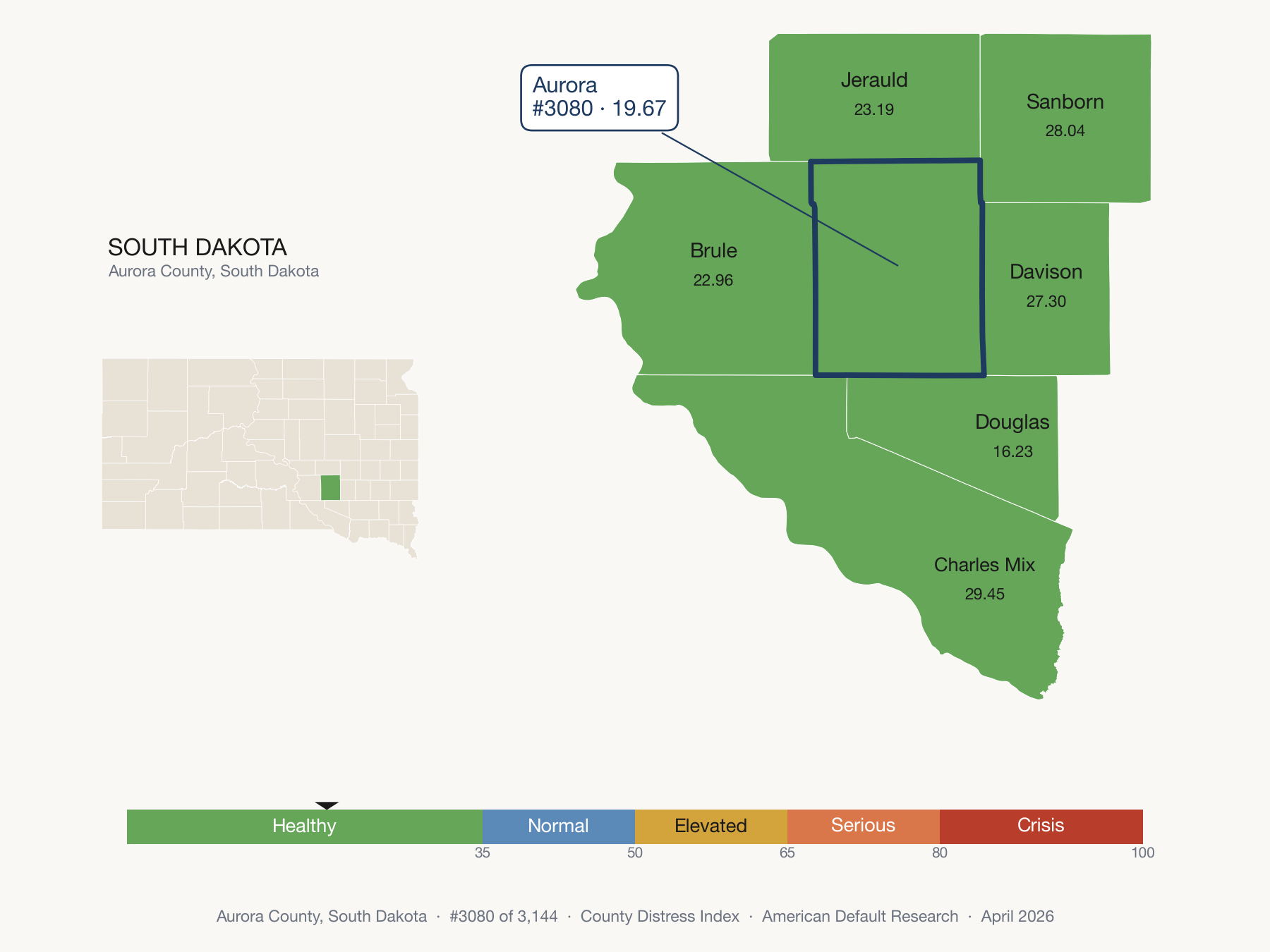 County Distress Index cluster map. Aurora County, South Dakota and its neighbors colored by distress zone.