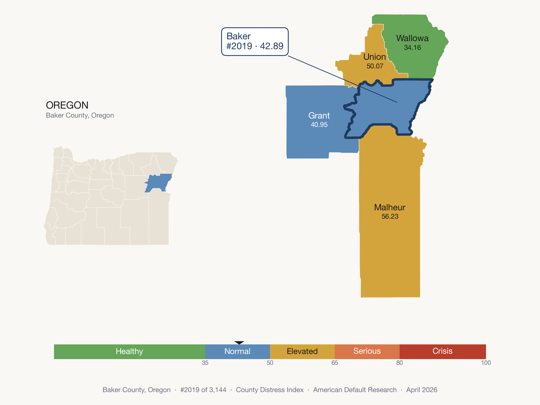 County Distress Index cluster map. Baker County, Oregon and its neighbors colored by distress zone.