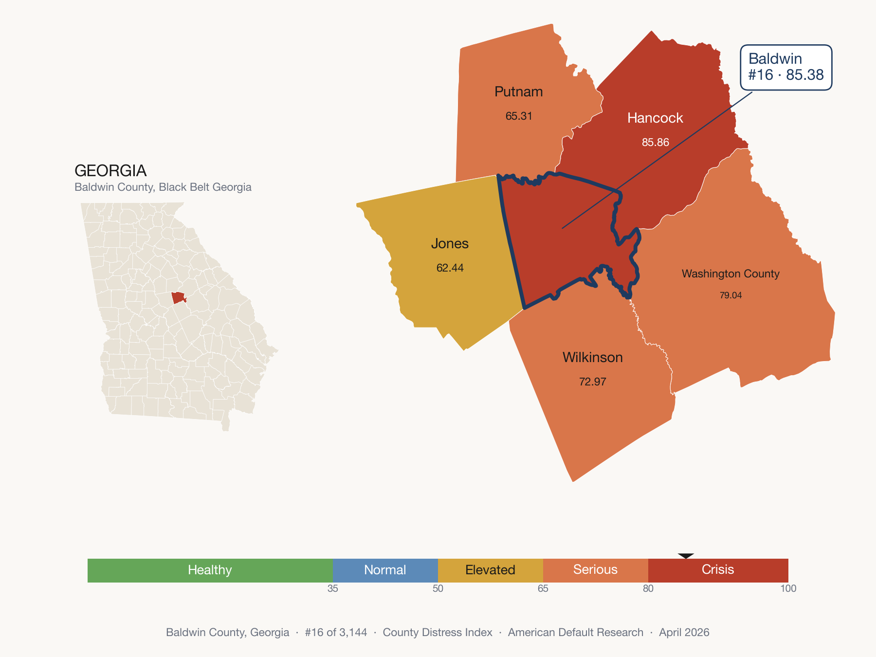 County Distress Index cluster map. Baldwin County, Georgia and its neighbors colored by distress fifth.