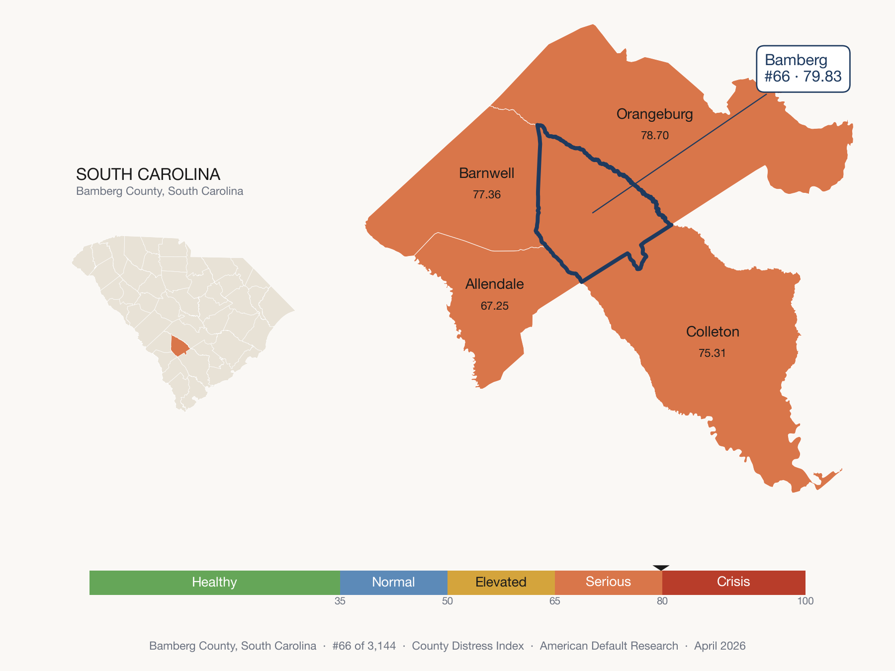 County Distress Index cluster map. Bamberg County, South Carolina and its neighbors colored by distress fifth.