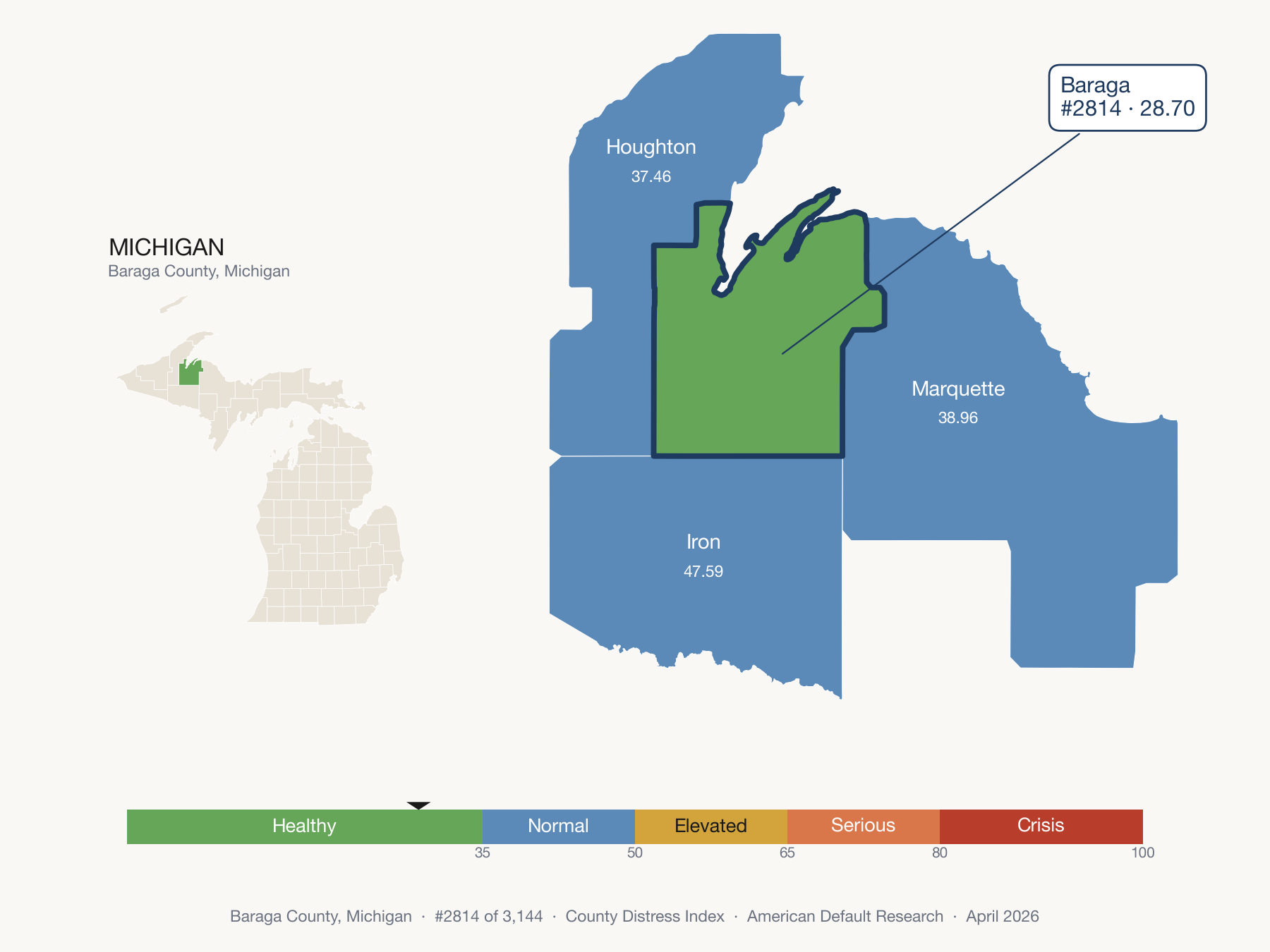 County Distress Index cluster map. Baraga County, Michigan and its neighbors colored by distress fifth.