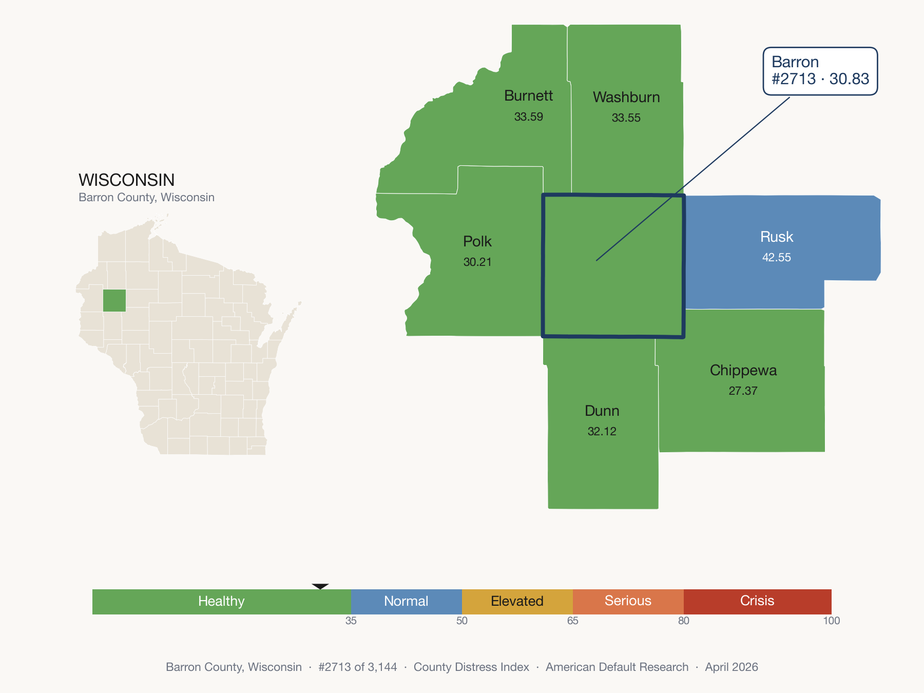 County Distress Index cluster map. Barron County, Wisconsin and its neighbors colored by distress fifth.