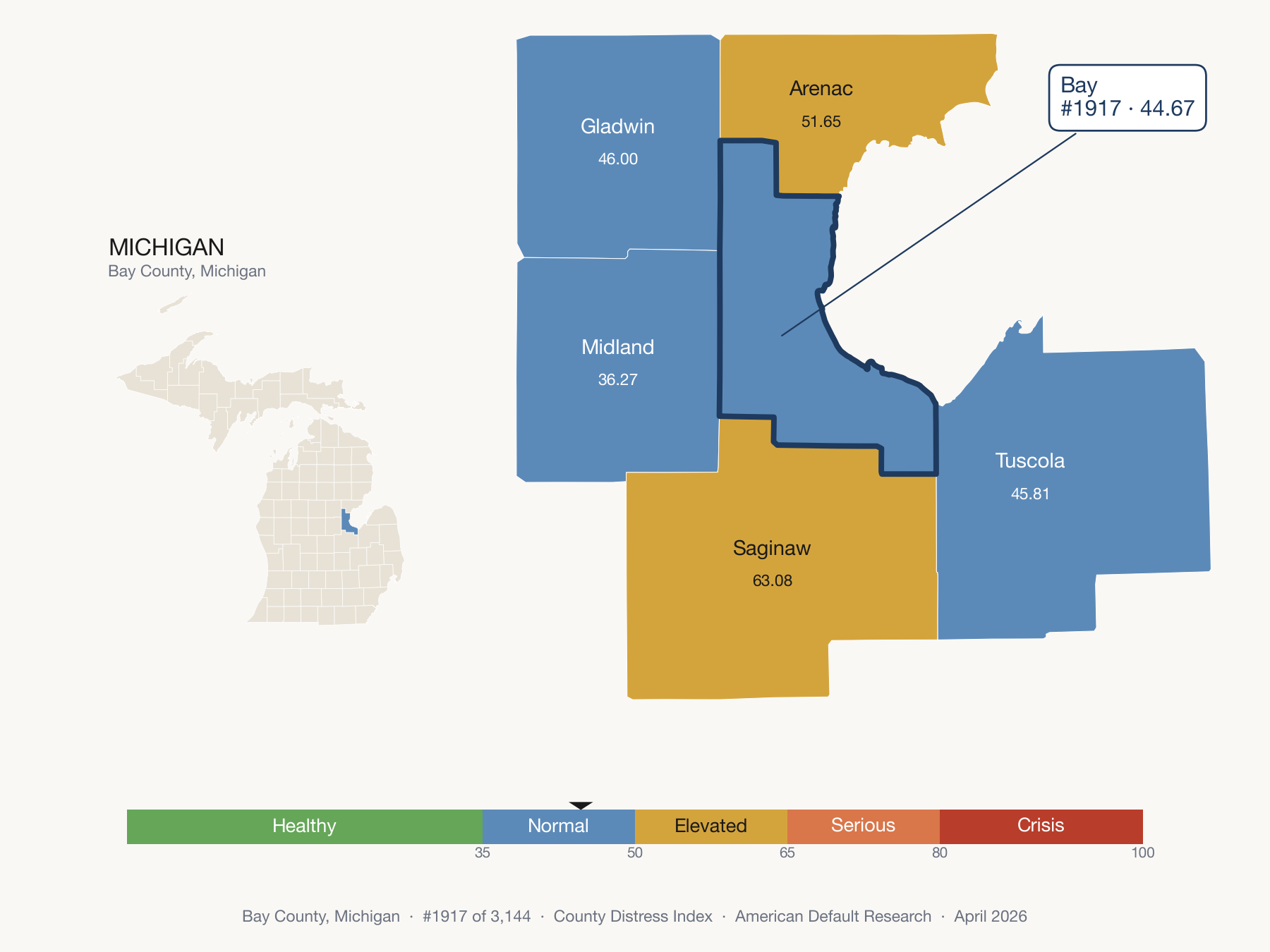 County Distress Index cluster map. Bay County, Michigan and its neighbors colored by distress fifth.