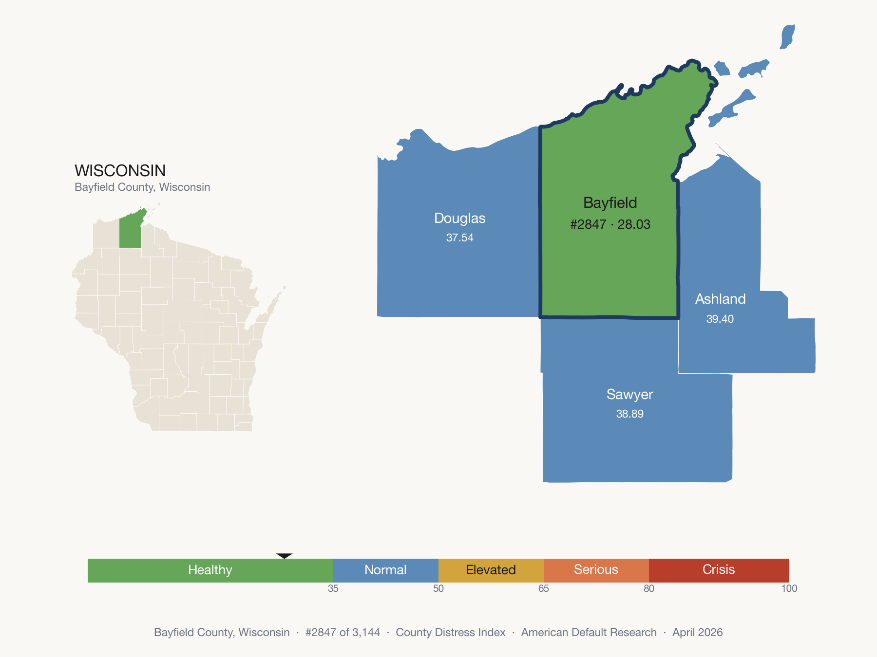 County Distress Index cluster map. Bayfield County, Wisconsin and its neighbors colored by distress fifth.