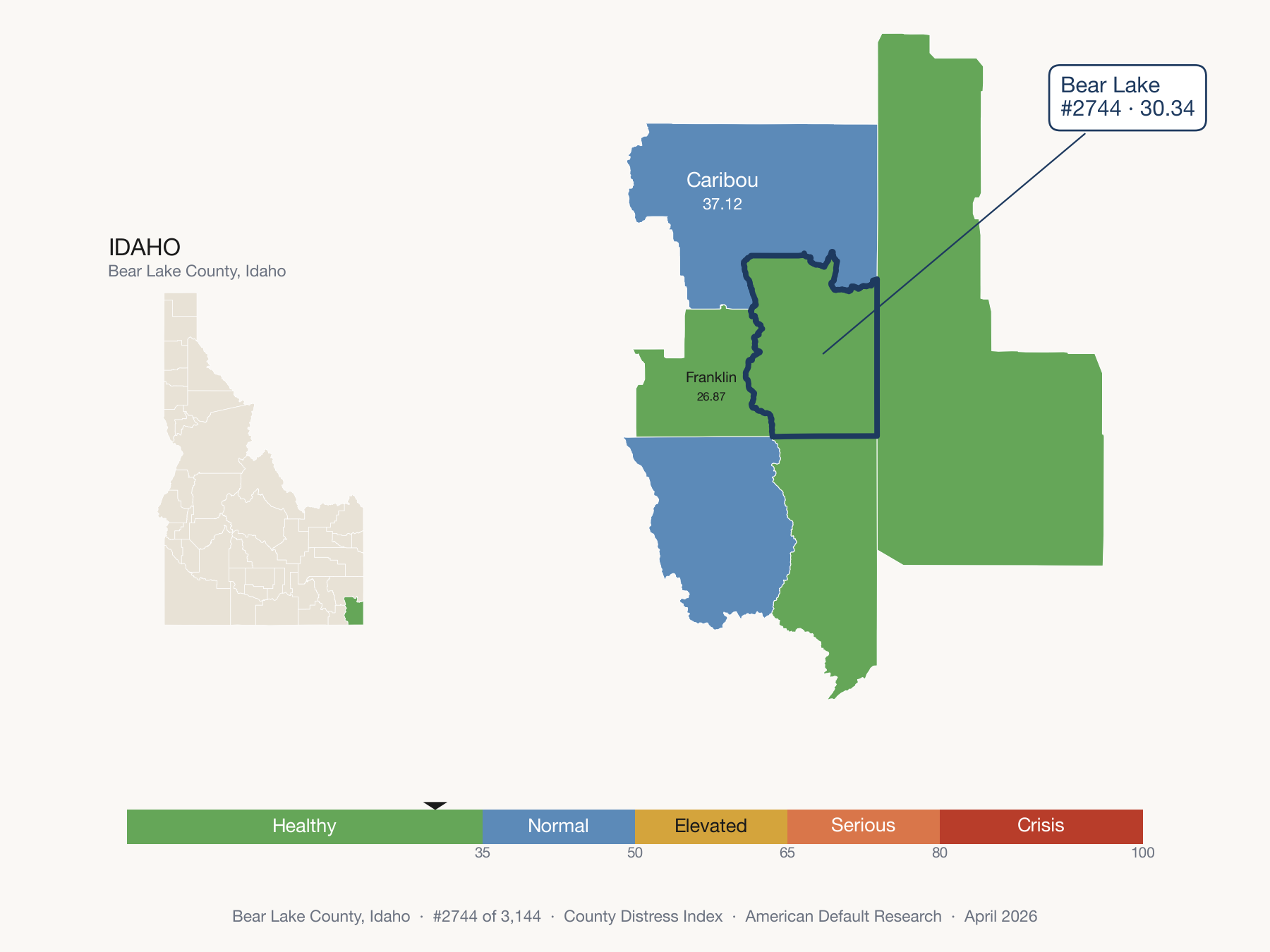 County Distress Index cluster map. Bear Lake County, Idaho and its neighbors colored by distress fifth.
