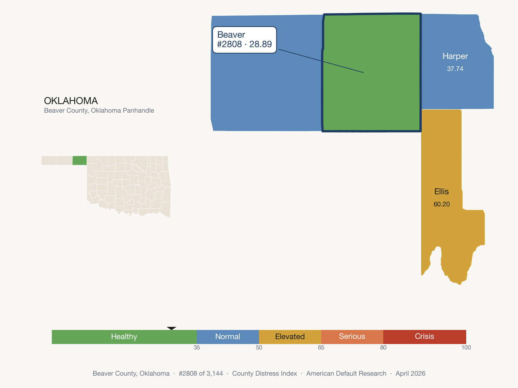 County Distress Index cluster map. Beaver County, Oklahoma and its neighbors colored by distress fifth.