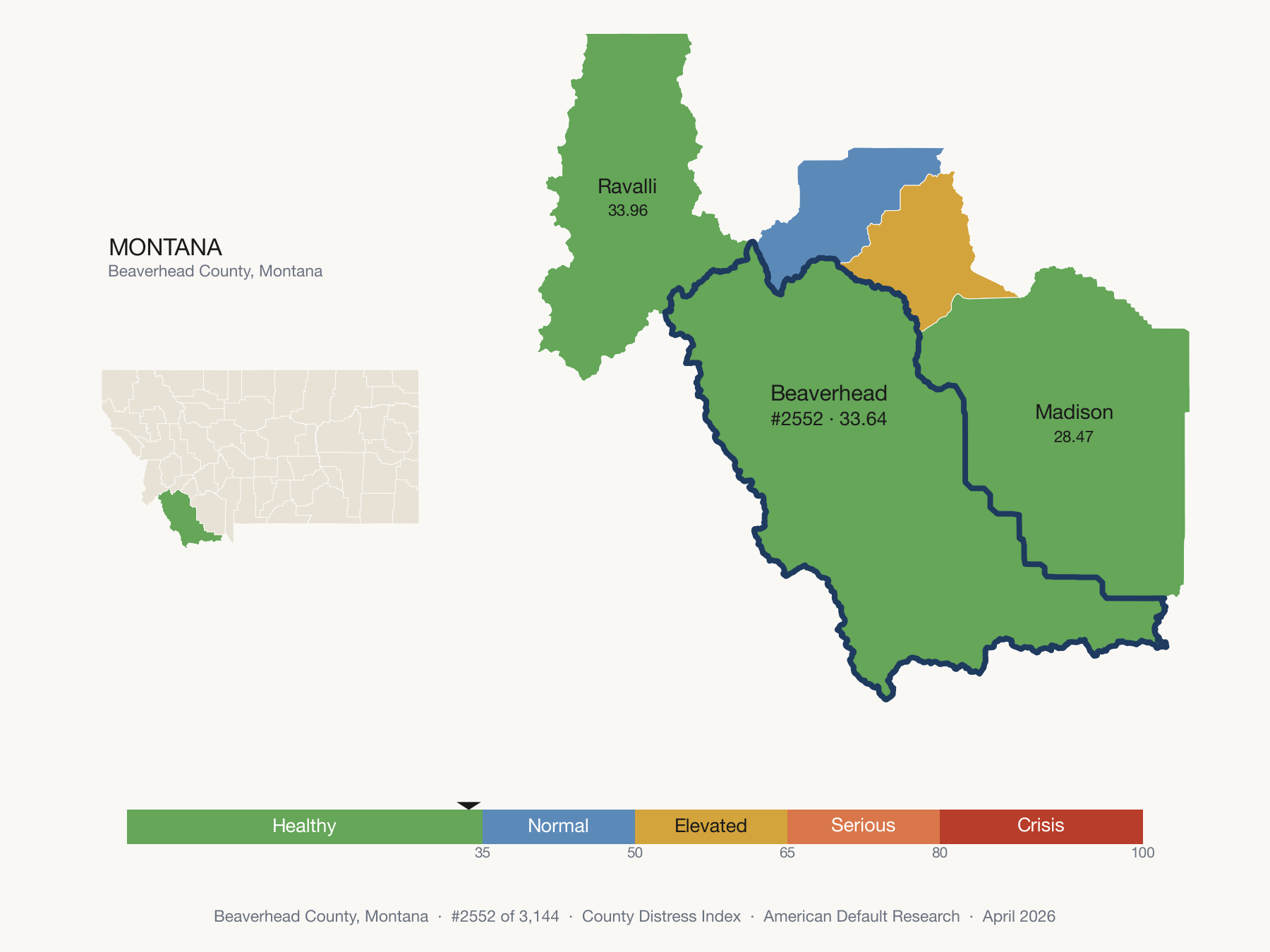 County Distress Index cluster map. Beaverhead County, Montana and its neighbors colored by distress zone.
