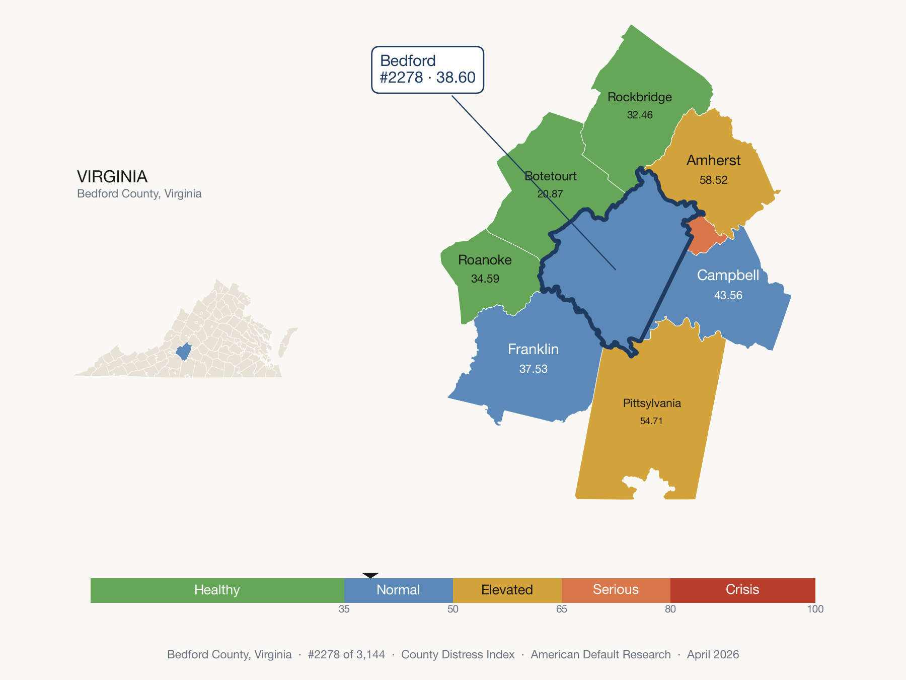 County Distress Index cluster map. Bedford County, Virginia and its neighbors colored by distress fifth.