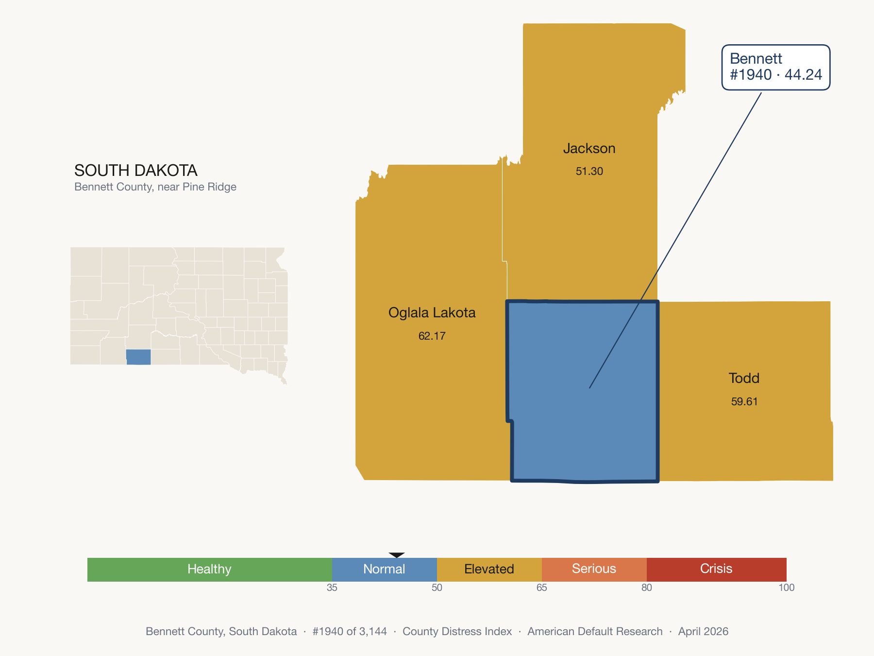 County Distress Index cluster map. Bennett County, South Dakota and its neighbors colored by distress fifth.