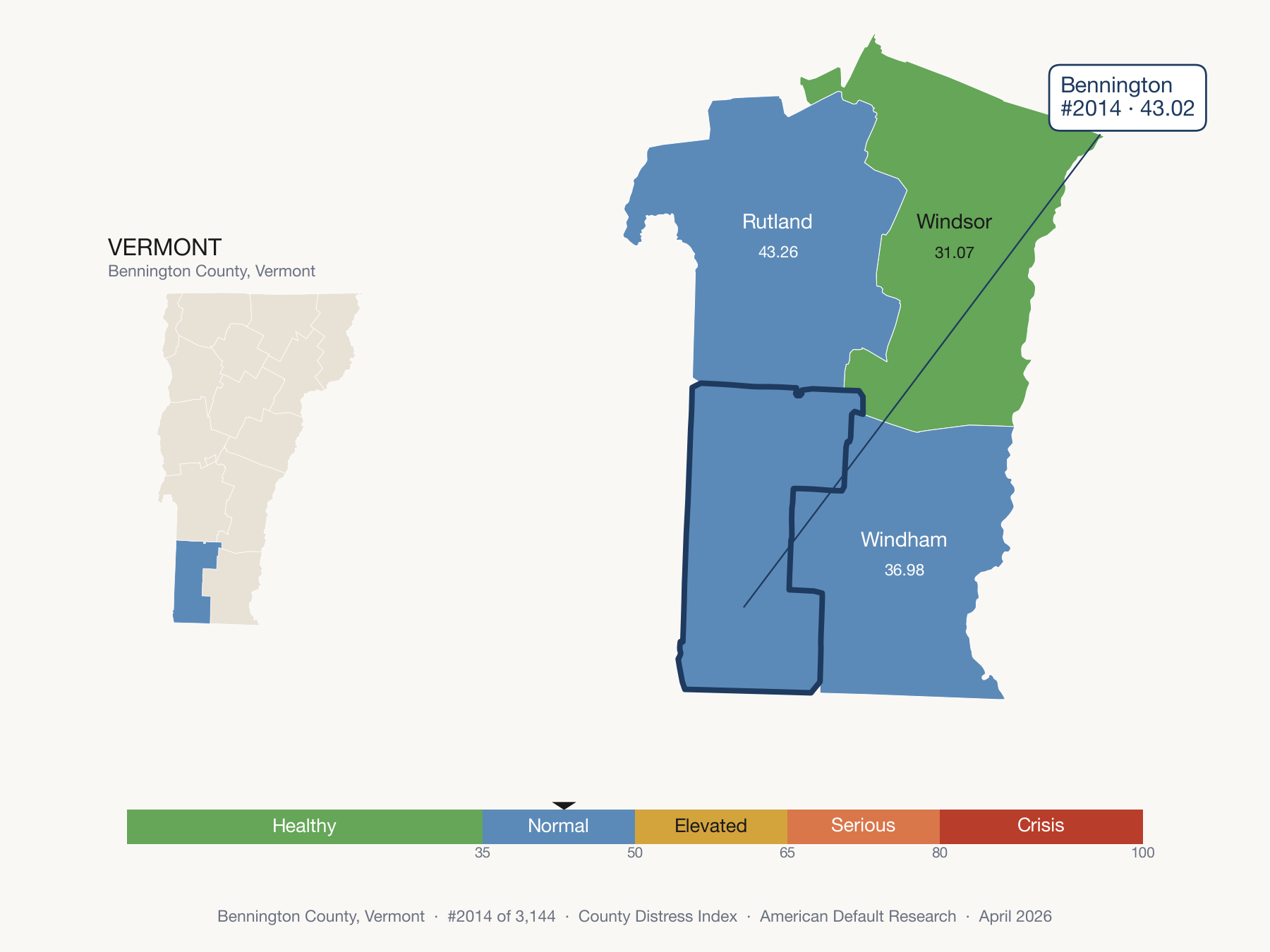 County Distress Index cluster map. Bennington County, Vermont and its neighbors colored by distress zone.