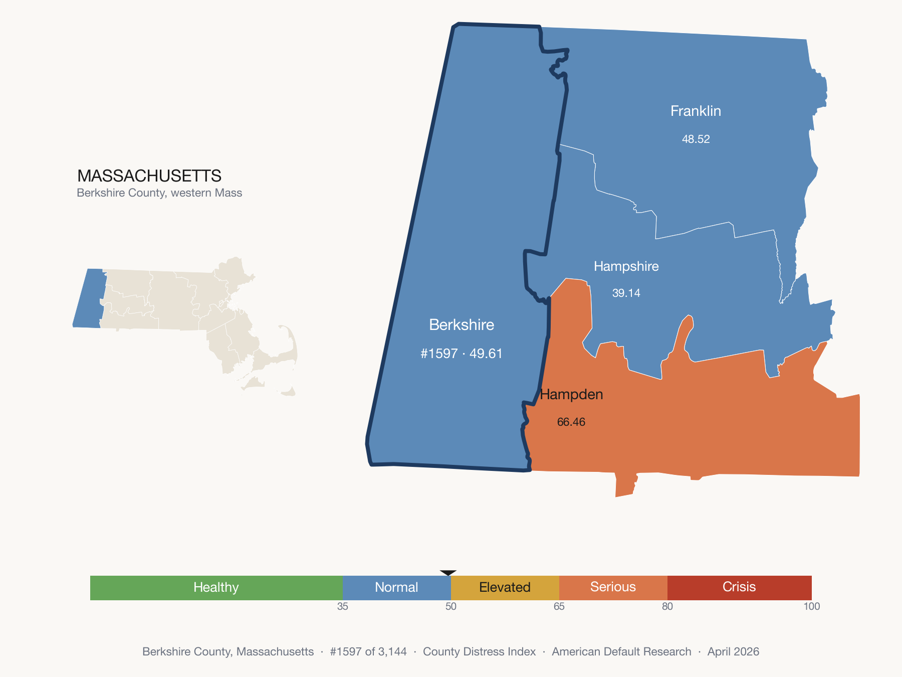 County Distress Index cluster map. Berkshire County, Massachusetts and its neighbors colored by distress fifth.