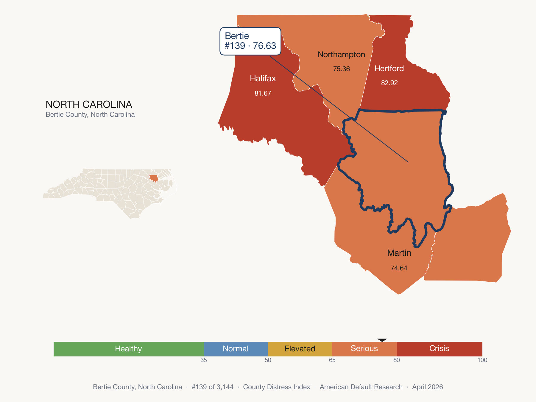 County Distress Index cluster map. Bertie County, North Carolina and its neighbors colored by distress zone.