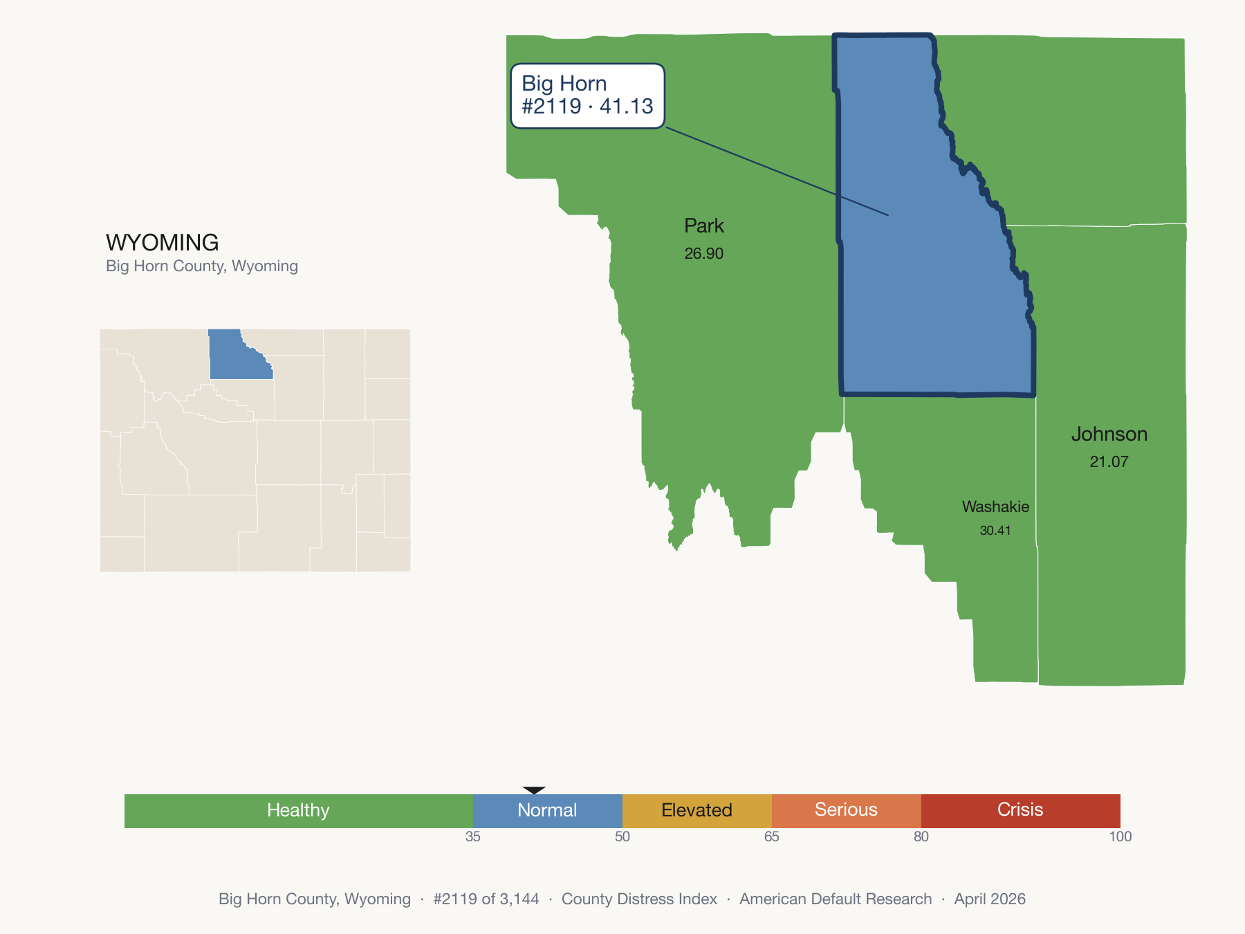 County Distress Index cluster map. Big Horn County, Wyoming and its neighbors colored by distress fifth.