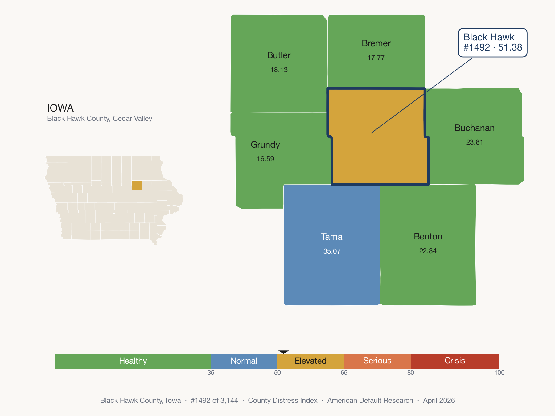 County Distress Index cluster map. Black Hawk County, Iowa and its neighbors colored by distress fifth.
