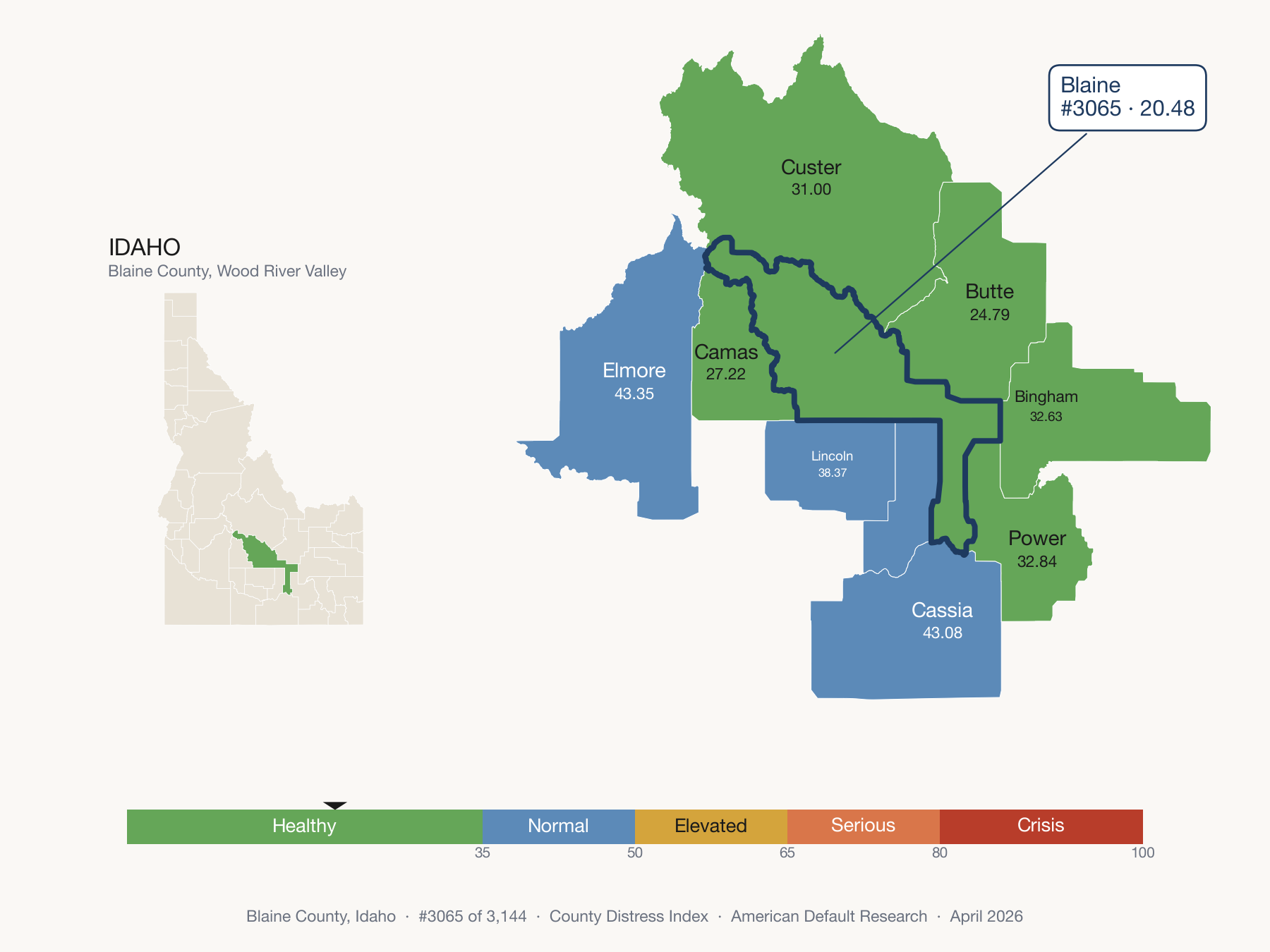 County Distress Index cluster map. Blaine County, Idaho and its neighbors colored by distress zone.