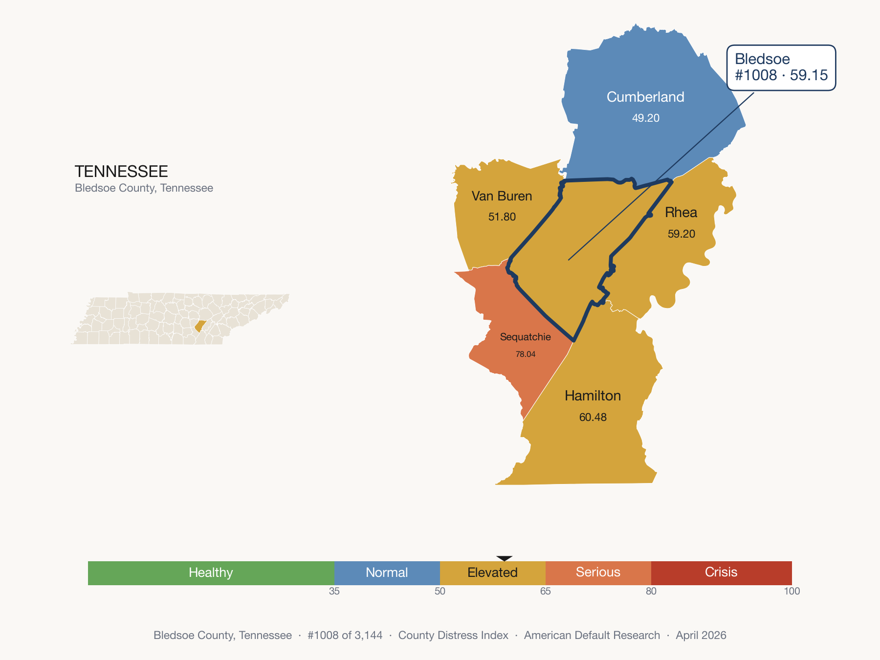 County Distress Index cluster map. Bledsoe County, Tennessee and its neighbors colored by distress zone.
