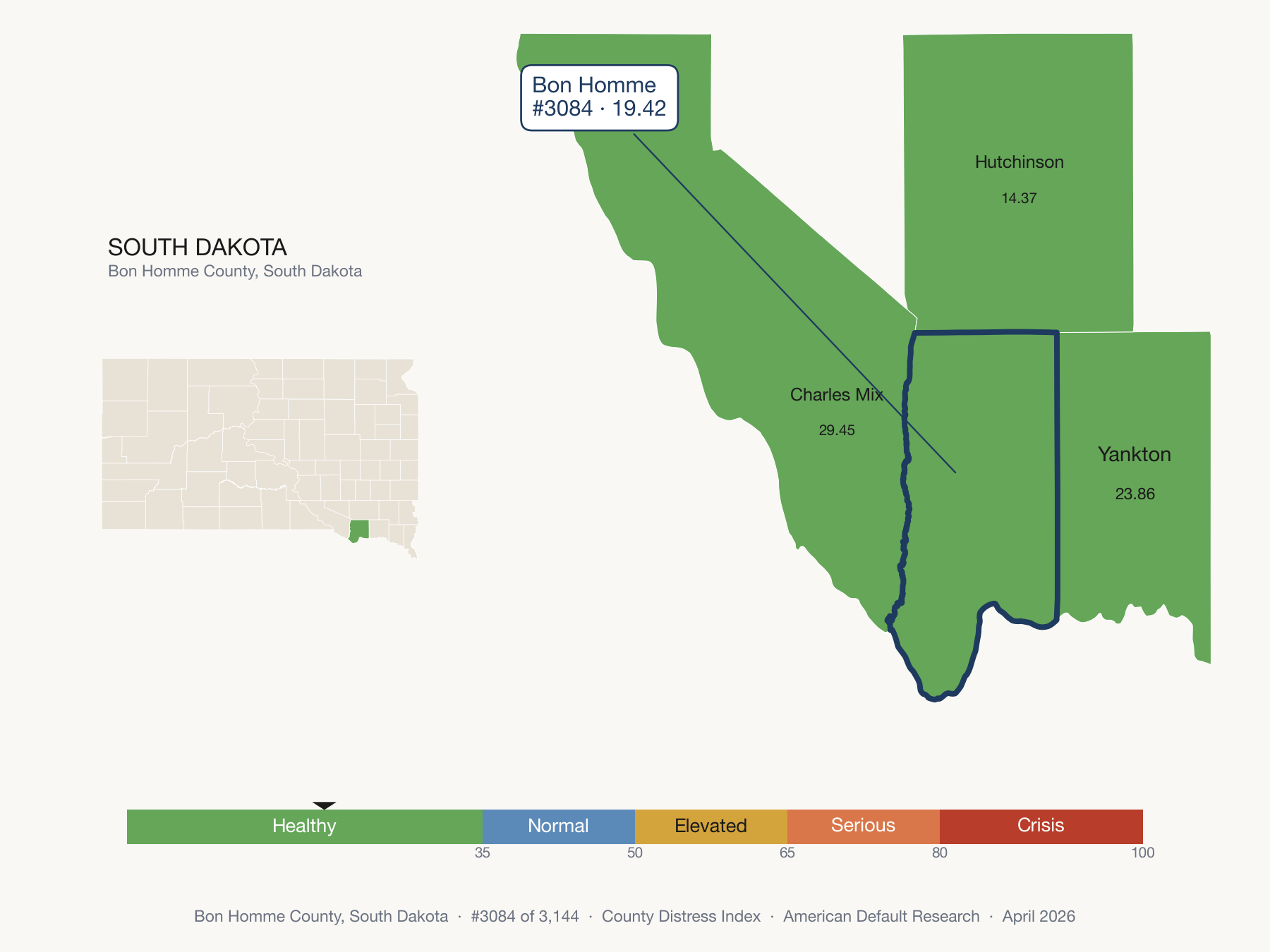 County Distress Index cluster map. Bon Homme County, South Dakota and its neighbors colored by distress zone.