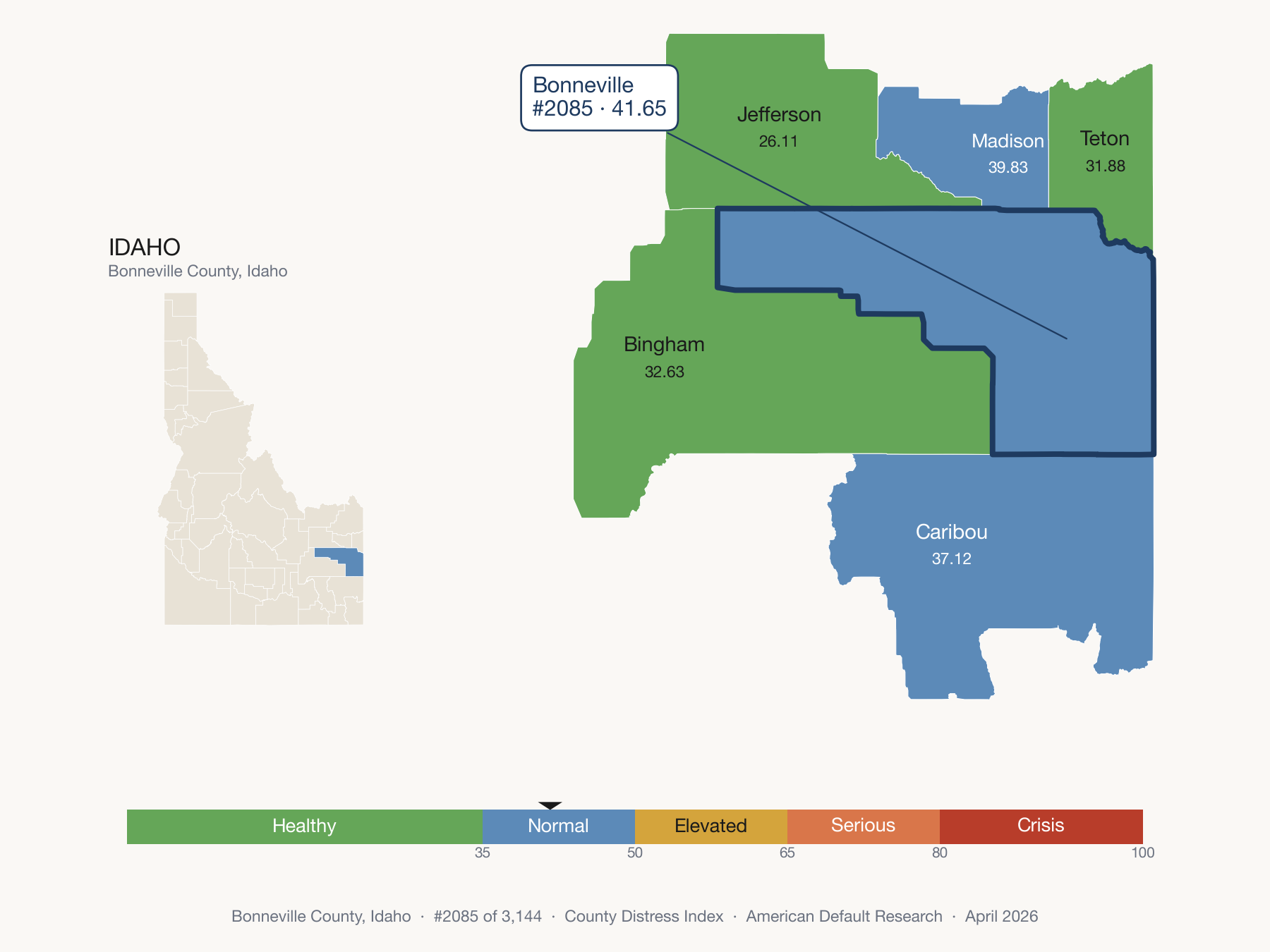 County Distress Index cluster map. Bonneville County, Idaho and its neighbors colored by distress fifth.