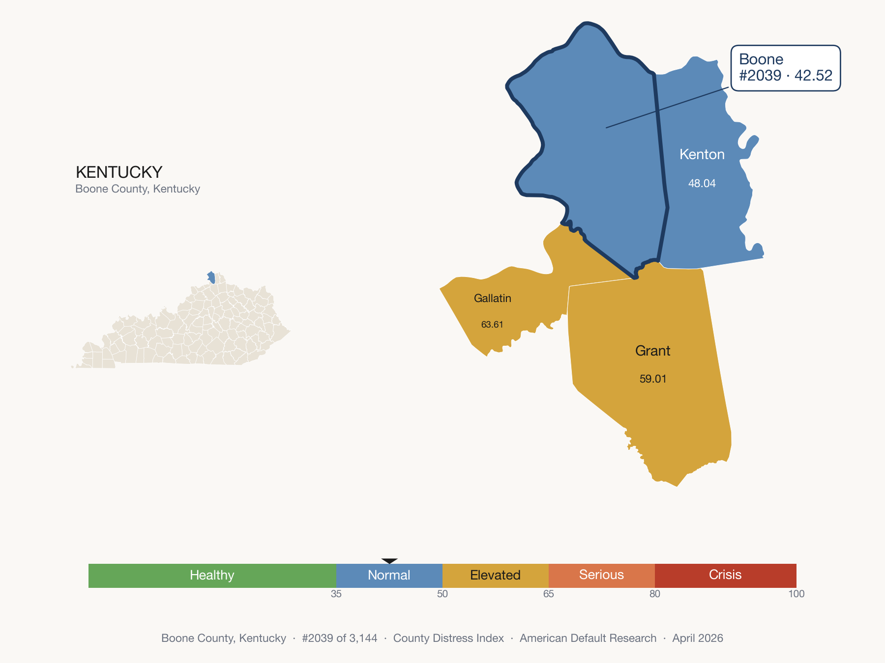 County Distress Index cluster map. Boone County, Kentucky and its neighbors colored by distress zone.