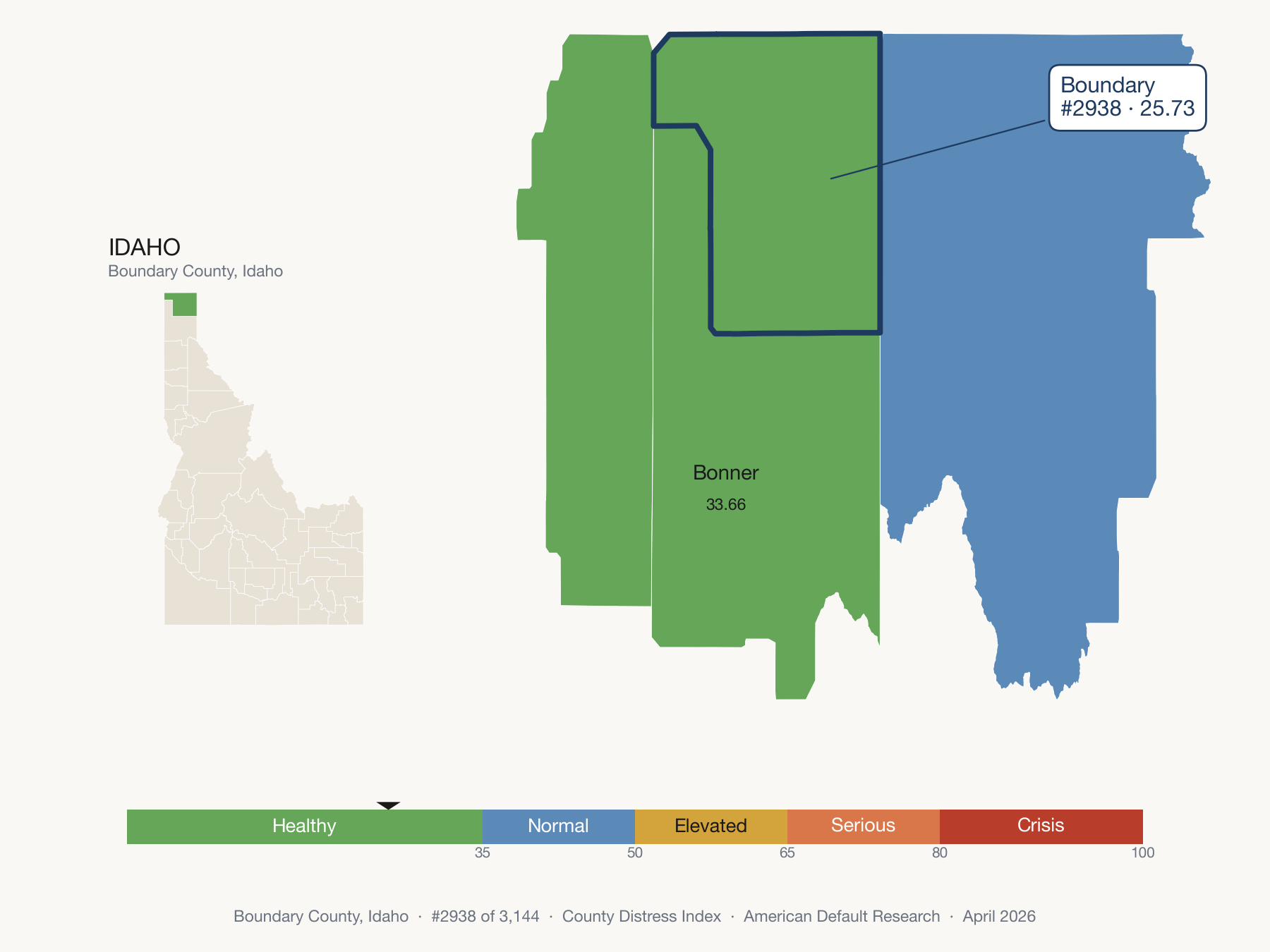 County Distress Index cluster map. Boundary County, Idaho and its neighbors colored by distress zone.