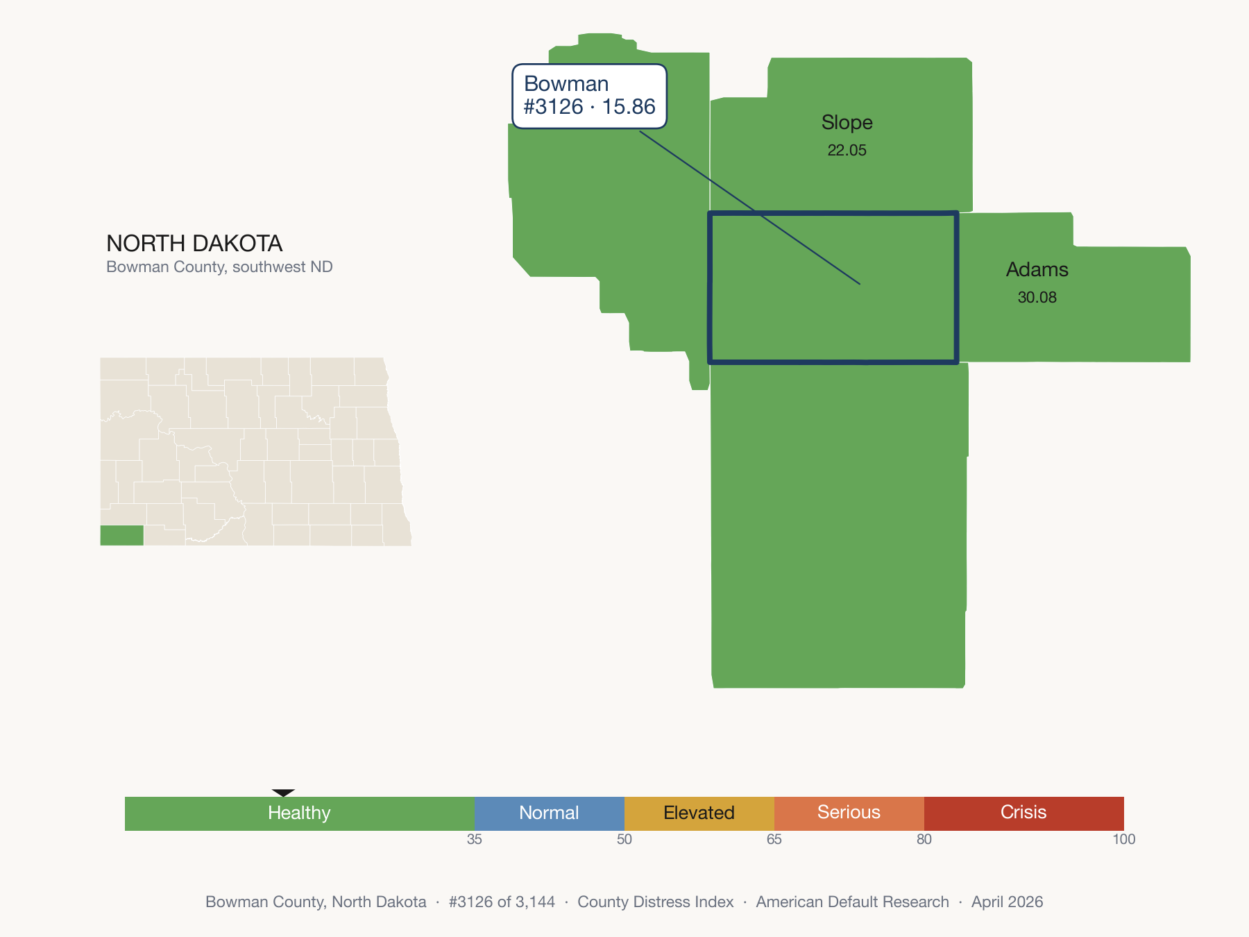 County Distress Index cluster map. Bowman County, North Dakota and its neighbors colored by distress zone.